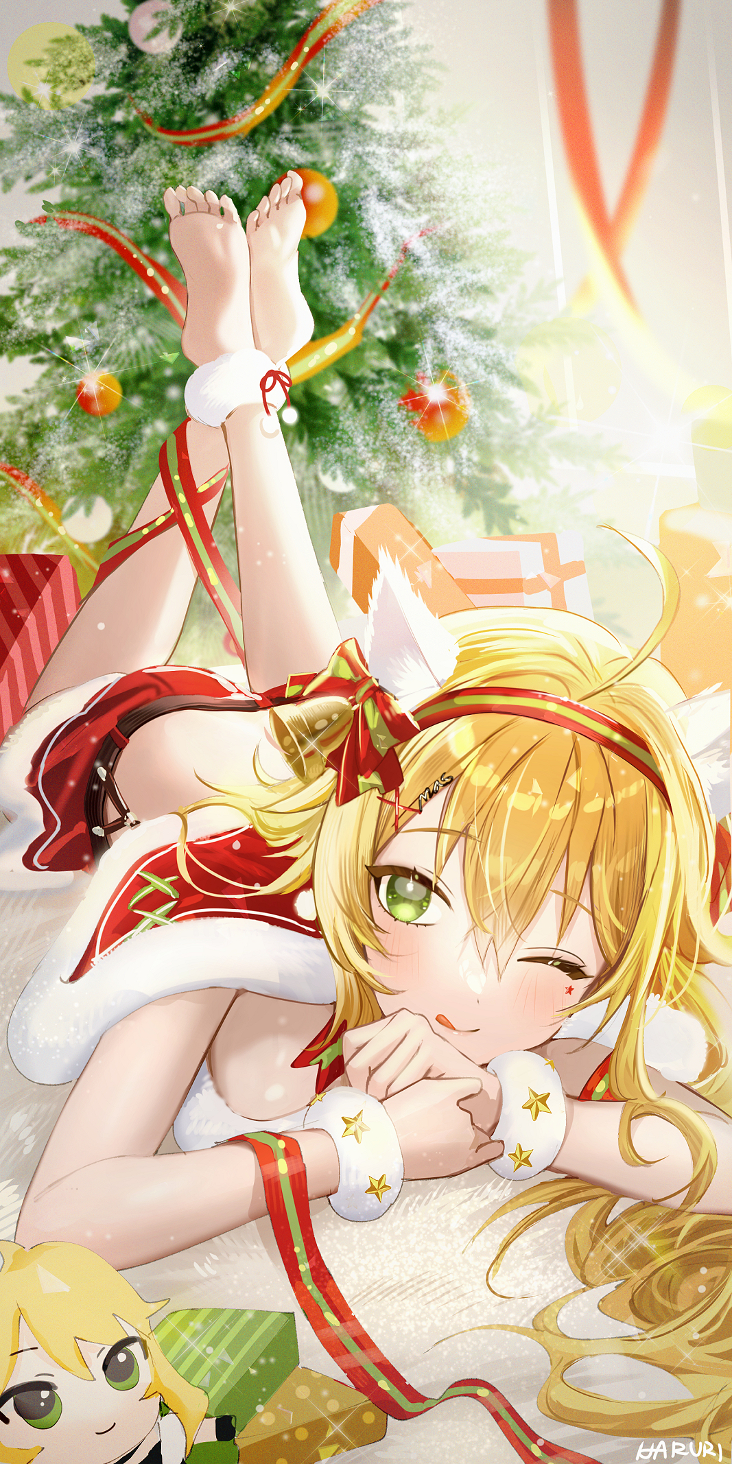 Anime 1067x2134 anime anime girls Christmas tree presents THE iDOLM@STER wink hair between eyes blonde green eyes Hoshii Miki lying down lying on front feet in the air foot sole barefoot Christmas Christmas clothes tongues tongue out smiling one eye closed ribbon closed mouth cat ears hair ornament hairpins indoors women indoors bells Christmas ornaments  long hair Haruri52 blushing