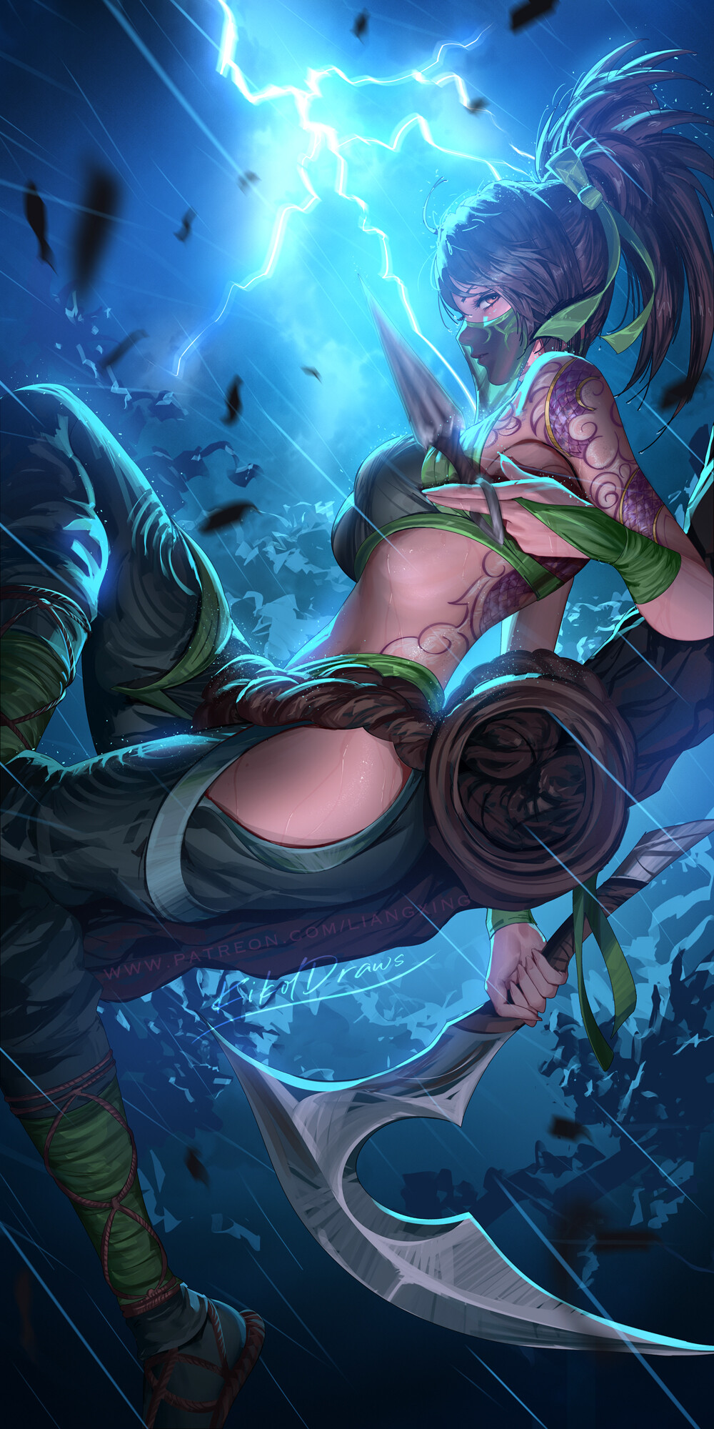 General 1000x2000 Jason Liang drawing Akali (League of Legends) mask green clothing portrait display digital art ropes looking at viewer women lightning long hair ponytail kunai thighs rain slim body parted lips brunette brown eyes signature watermarked scythe weapon wet wet body