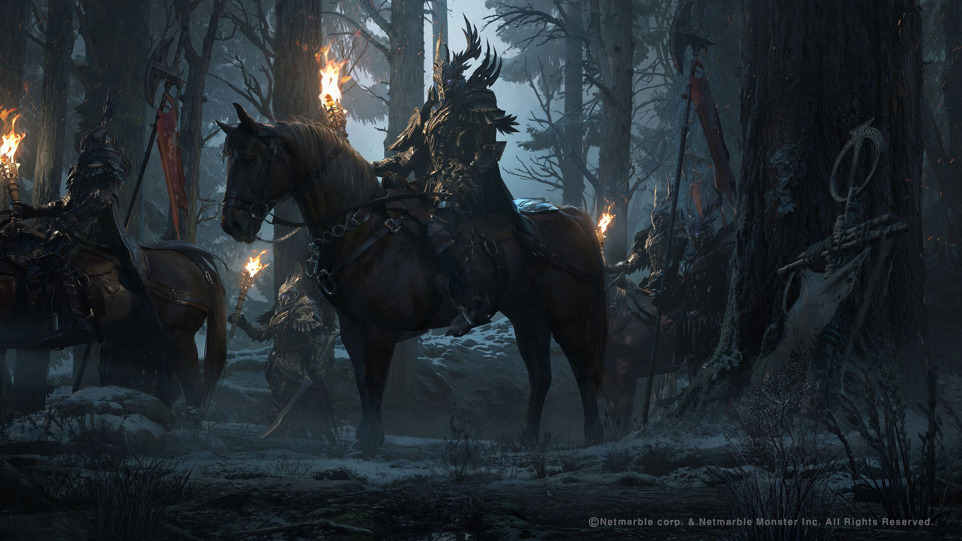 General 1920x1080 Daejeon Jang drawing warrior armor horse torches forest watermarked digital art horseback trees fire ground soldier flag animals