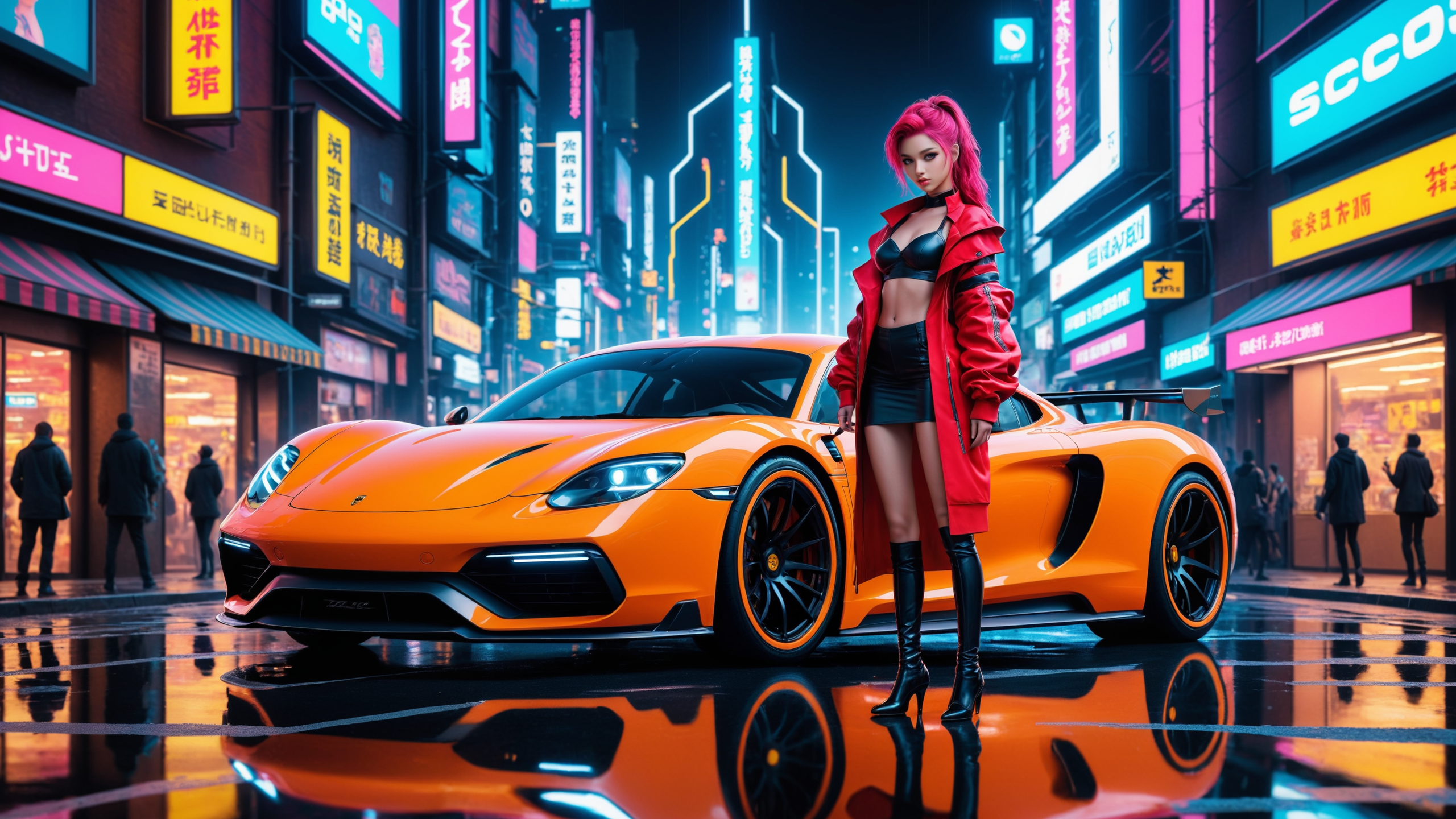 General 2560x1440 AI art Porsche neon women rain city night reflection car leather boots leather jacket orange cars headlights frontal view standing looking at viewer heels digital art sign vehicle high heeled boots