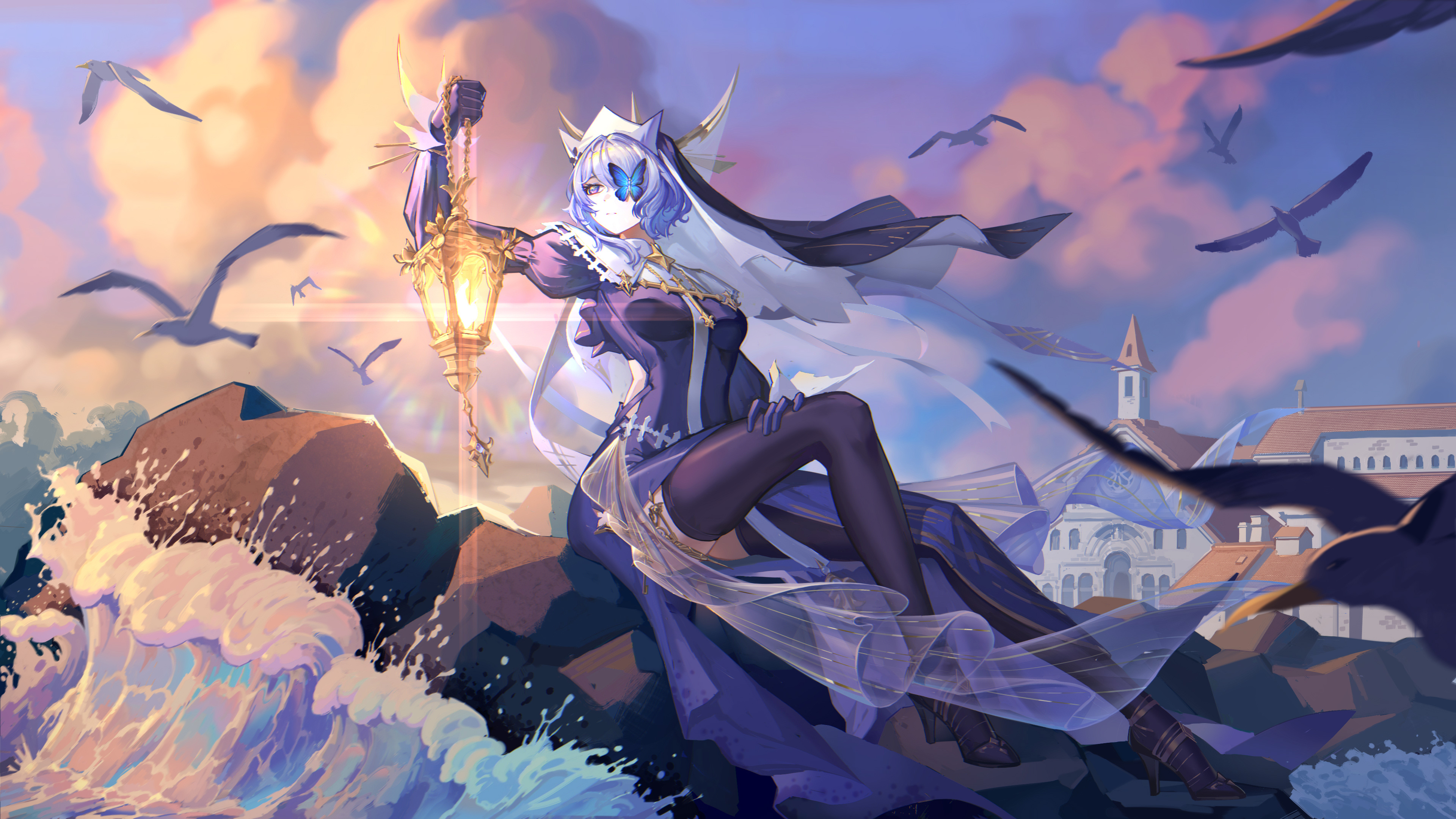 Anime 3840x2160 Arknights looking away Whisperain (Arknights) sea looking sideways animals sunset women outdoors depth of field purple hair purple eyes architecture closed mouth seagulls Zangfang long sleeves blue butterflies waves blue dress blue gloves sitting black thigh highs lantern blurry background one eye obstructed birds rocks sky clouds anime girls high heels one arm up evening water butterfly orange sky outdoors