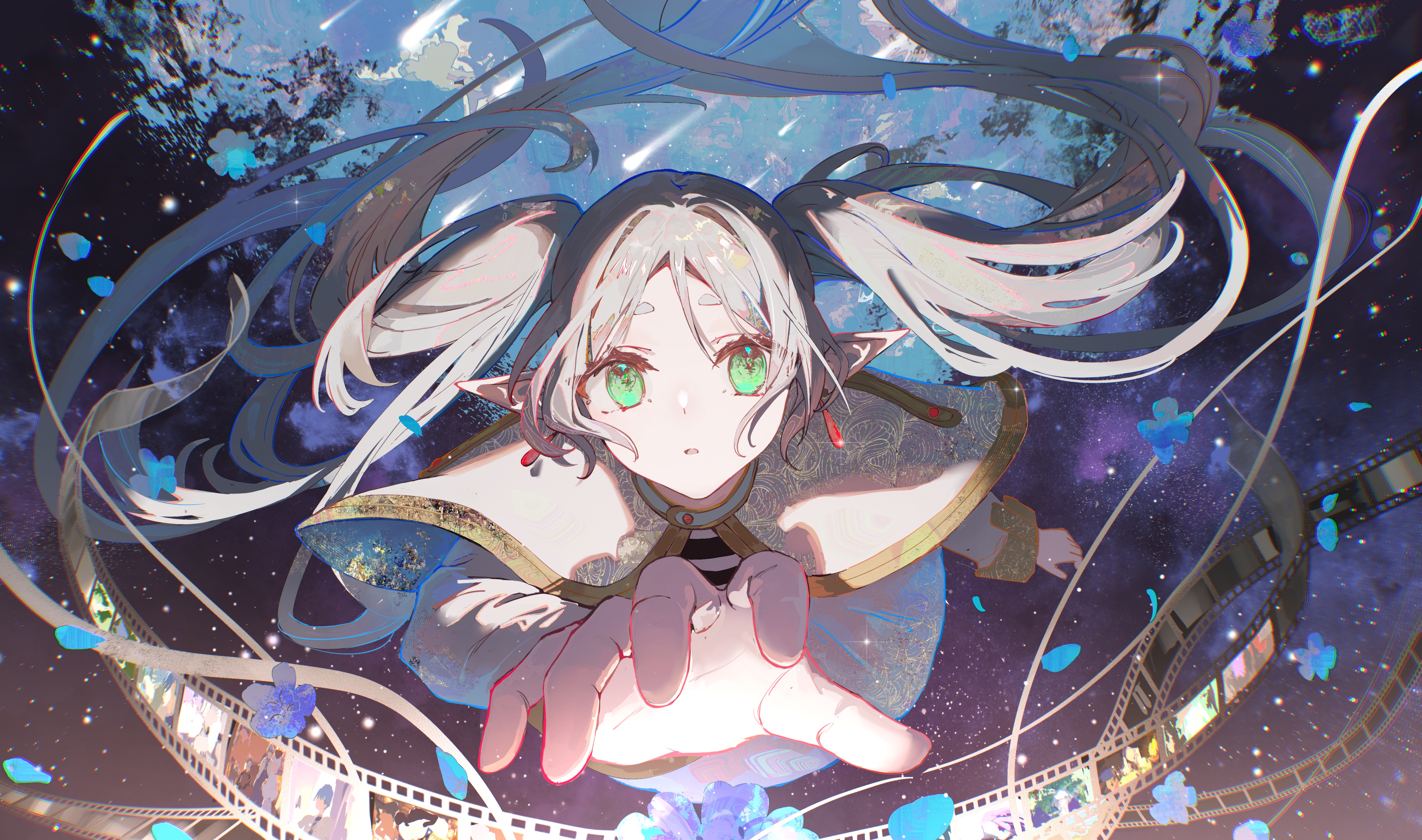 Anime 4981x2944 anime anime girls Sousou No Frieren Frieren looking at viewer long hair twintails pointy ears parted lips arms reaching white hair green eyes petals capelet comet sky stars fingers film tape