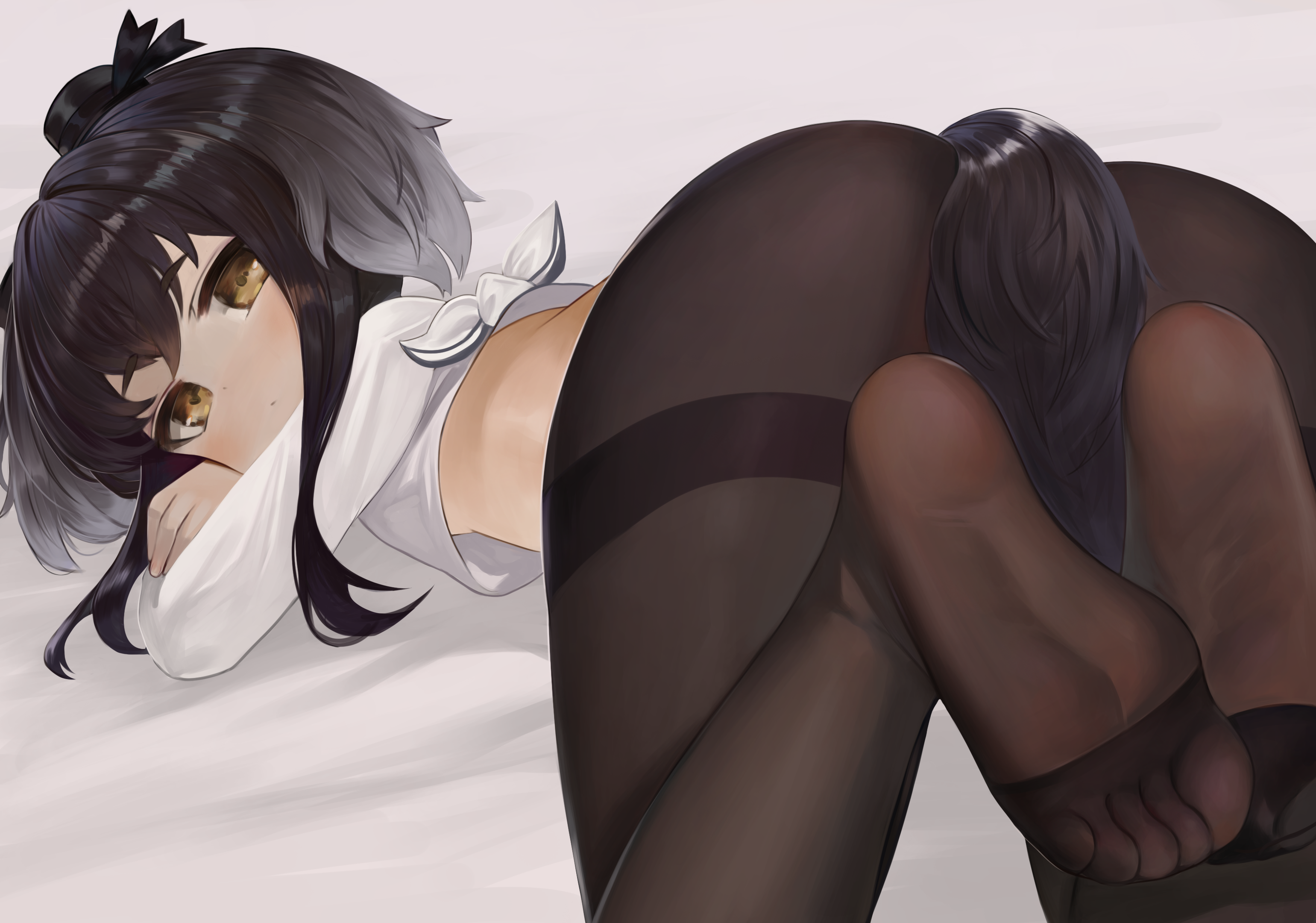 Anime 3081x2160 anime anime girls Tokitsukaze (KanColle)  Kantai Collection blushing black hair yellow eyes looking at viewer bent over foot sole arms crossed pantyhose looking back feet ass toes lying down lying on front DoKoMoN