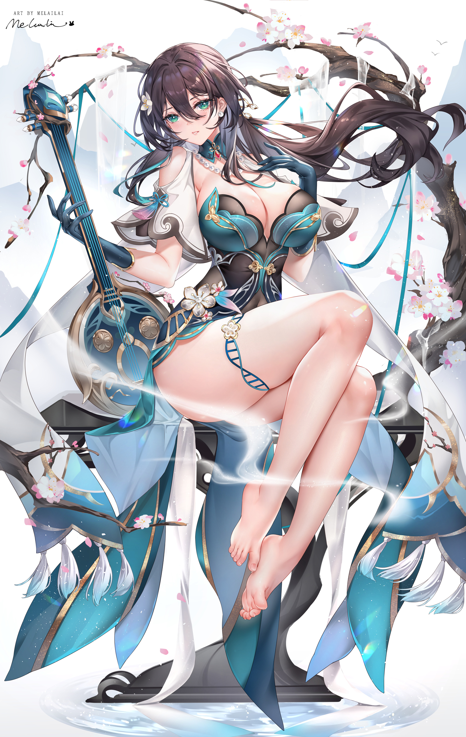 Anime 1500x2370 Honkai: Star Rail barefoot portrait display blue dress simple background thighs white background gloves Ruan Mei (Honkai: Star Rail) musical instrument feet big boobs hair ornament looking at viewer flowers cleavage cherry blossom sitting Chinese clothing flower in hair dark hair parted lips thigh strap foot sole short sleeves Melailai pearl necklace long hair turquoise eyes anime girls bent legs pointed toes anime signature