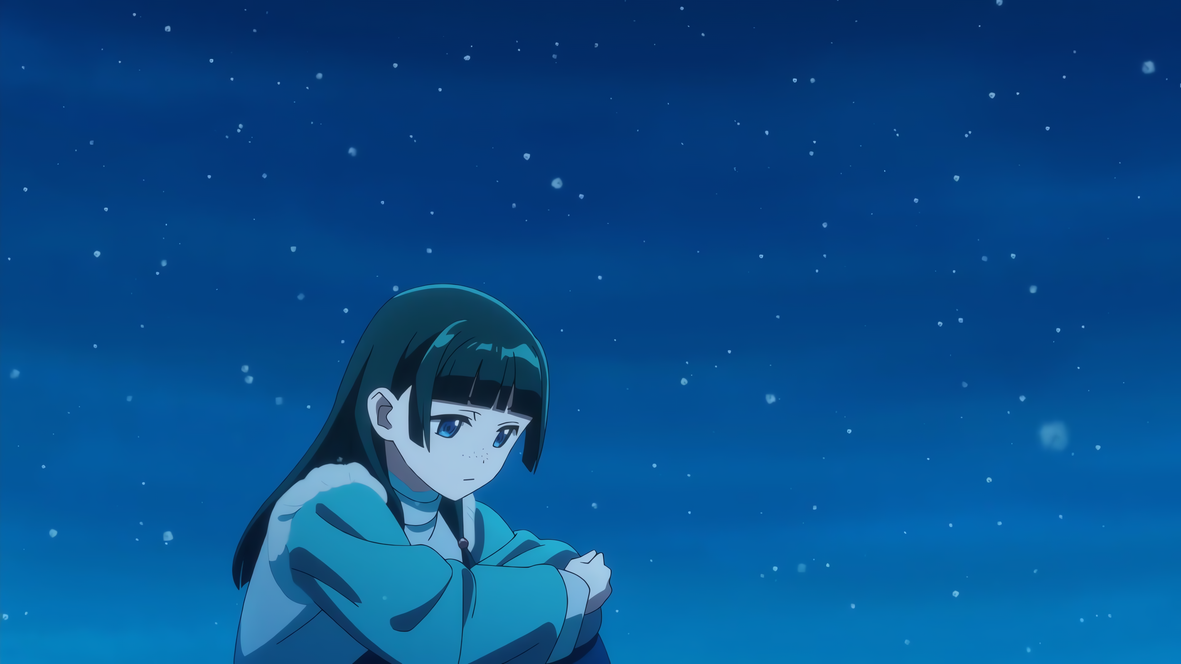 Anime 3840x2160 anime girls anime The Apothecary Diaries snow night green hair winter clothing Anime screenshot sitting outdoors women outdoors blunt bangs looking below sky stars freckles blue eyes long hair