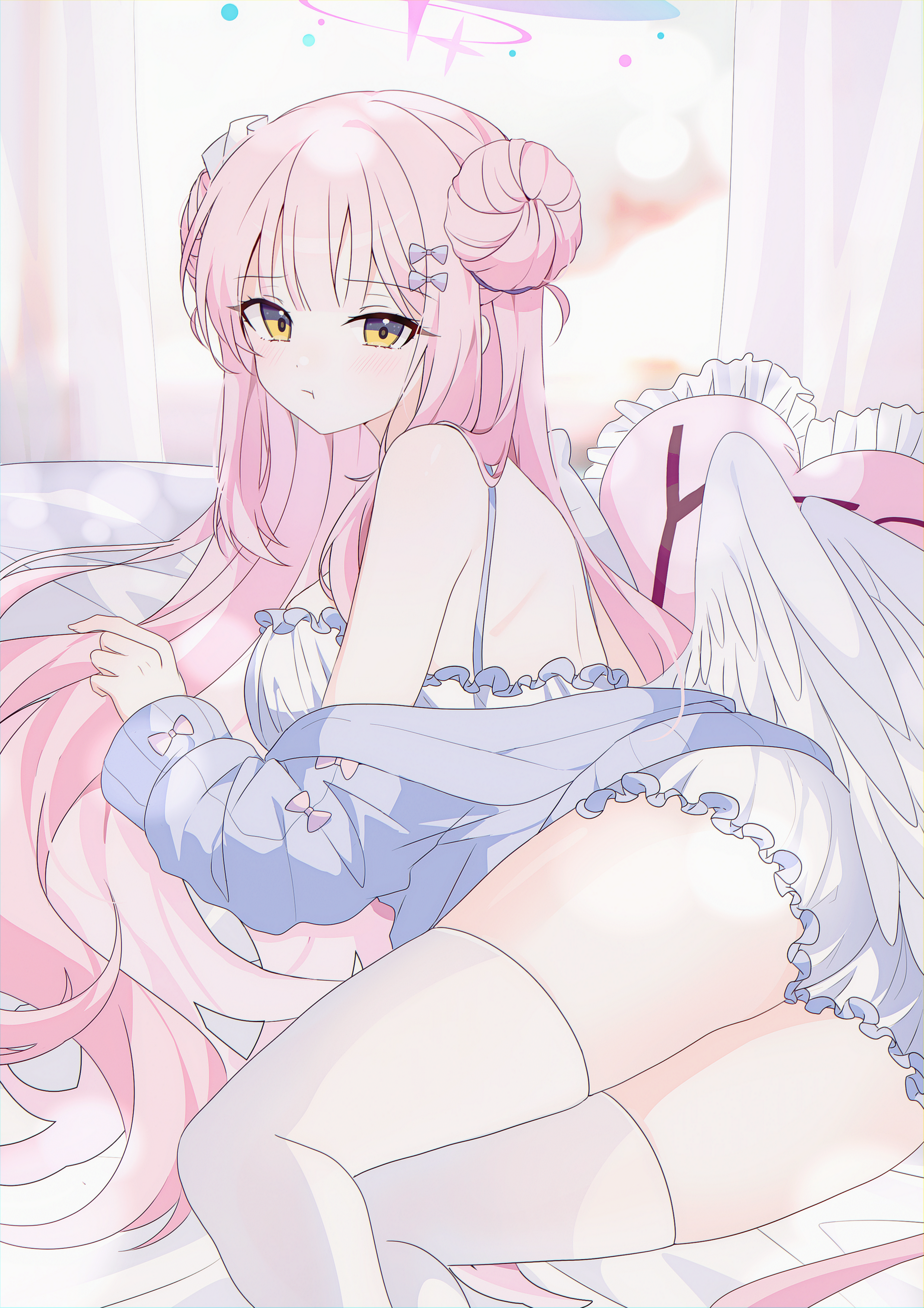 Anime 2480x3509 anime anime girls Blue Archive Misono Mika Senohime portrait display looking at viewer long hair white stockings stockings indoors women indoors off shoulder yellow eyes twin buns hairbun wings looking back hair bows pink hair thighs bare shoulders curtains closed mouth lying down lying on front pillow heart (design) frills bloomers ass