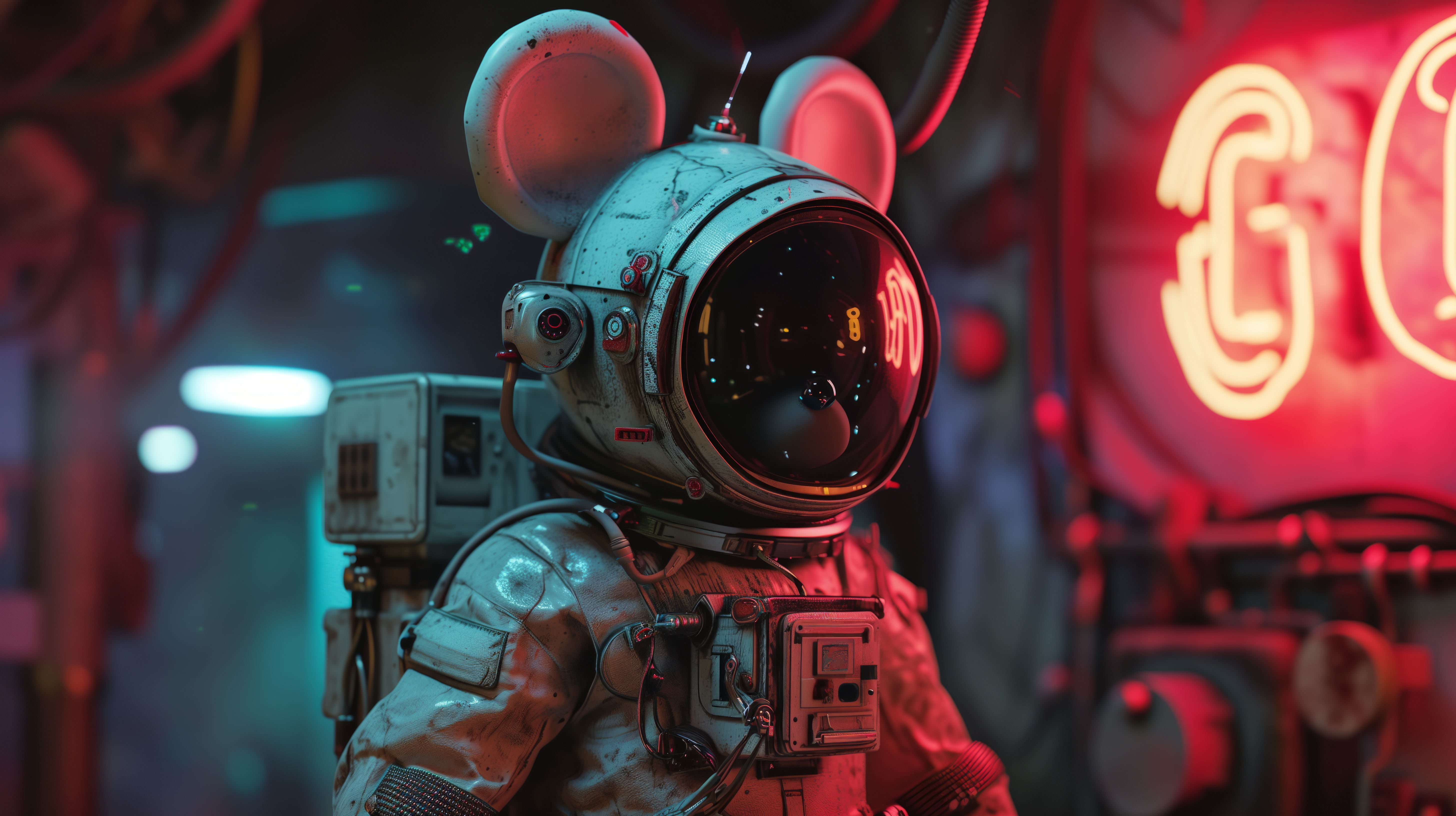 General 5824x3264 AI art cyberpunk depth of field spacesuit astronaut Mickey Mouse neon signs mice digital art mouse ears