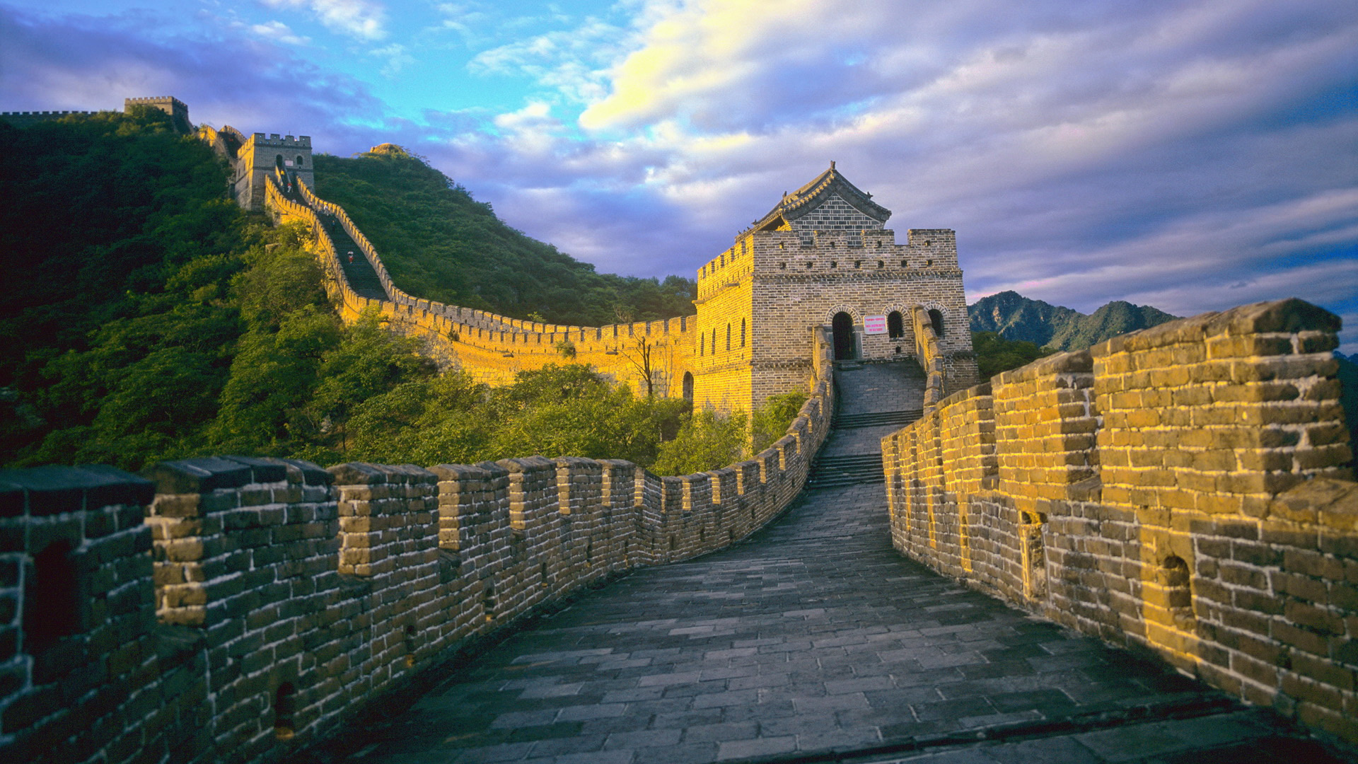 General 1920x1080 nature landscape Great Wall of China China wall bricks tower film grain photography clouds mountains sky sunlight POV