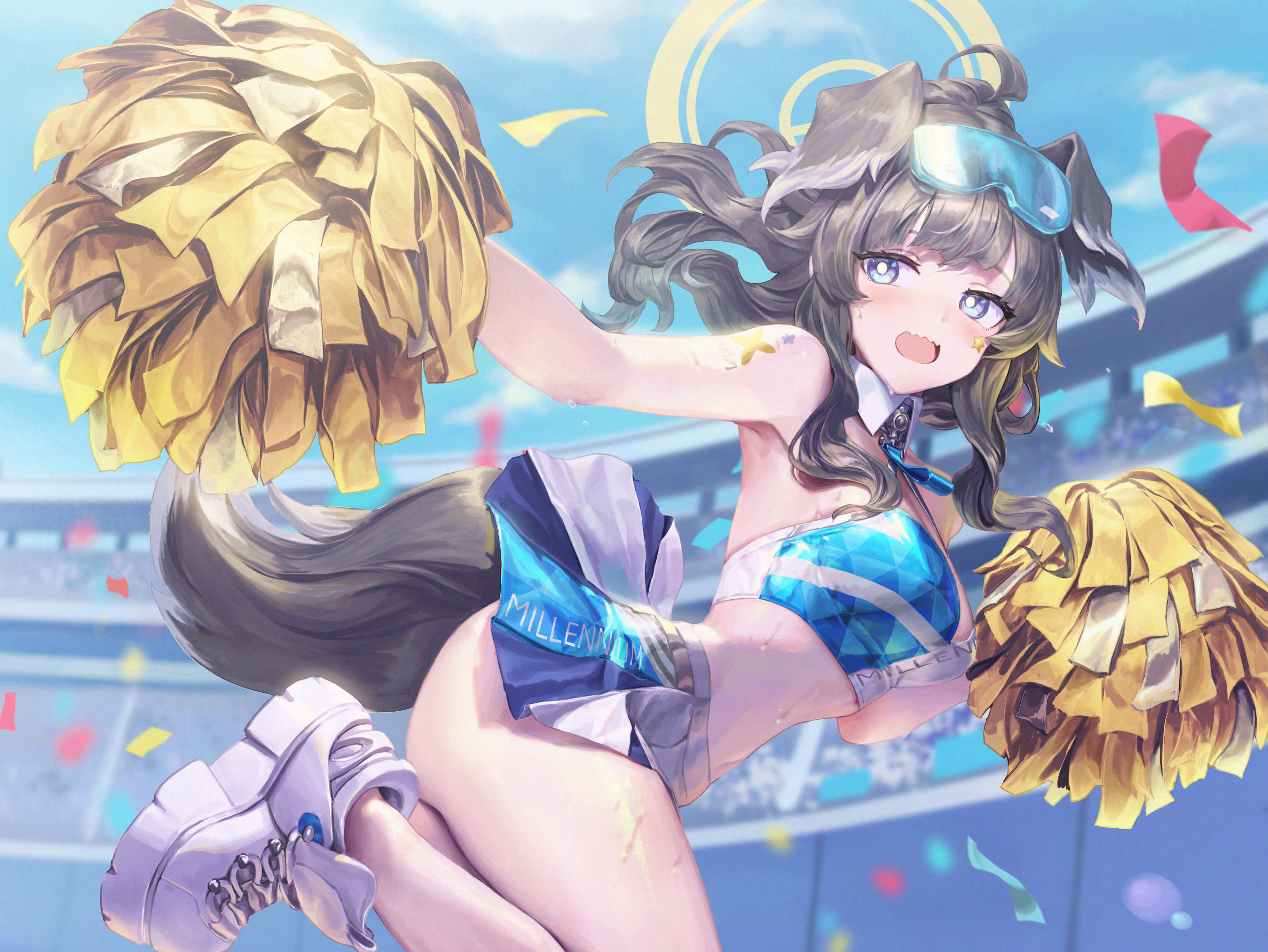 Anime 2728x2048 anime anime girls cheerleaders animal ears tail skirt confetti blue eyes Blue Archive Gesoking looking at viewer open mouth sunlight outdoors women outdoors dog girls dog ears dog tail bent legs thighs shoes ass sky clouds belly Nekozuka Hibiki (Blue Archive) dark hair sweat