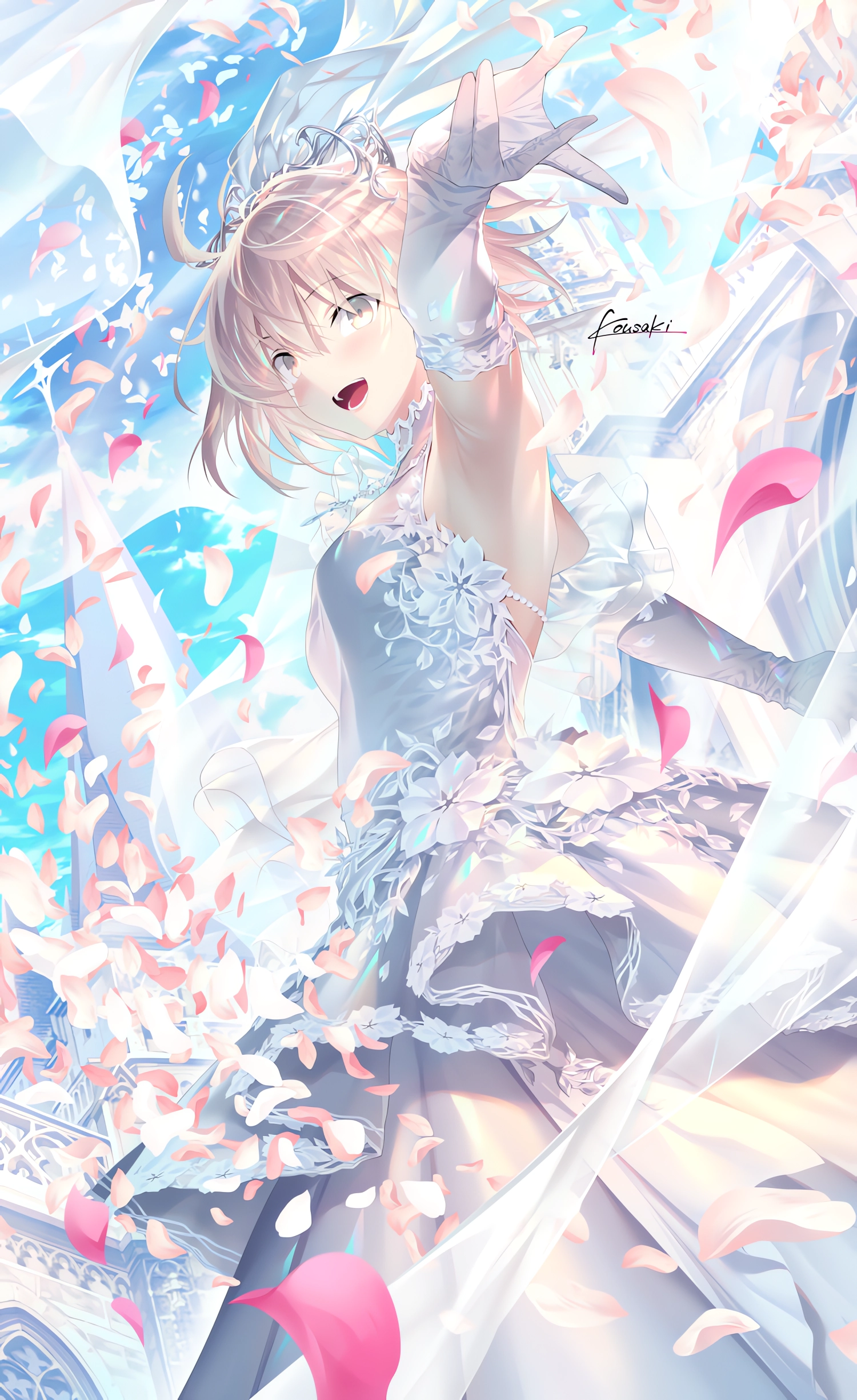 Anime 1500x2450 anime anime girls Fate/Grand Order dress Okita Souji open mouth portrait display short hair signature elbow gloves looking at viewer petals Fate series blushing veils church wind standing sunlight arms reaching building gloves white gloves