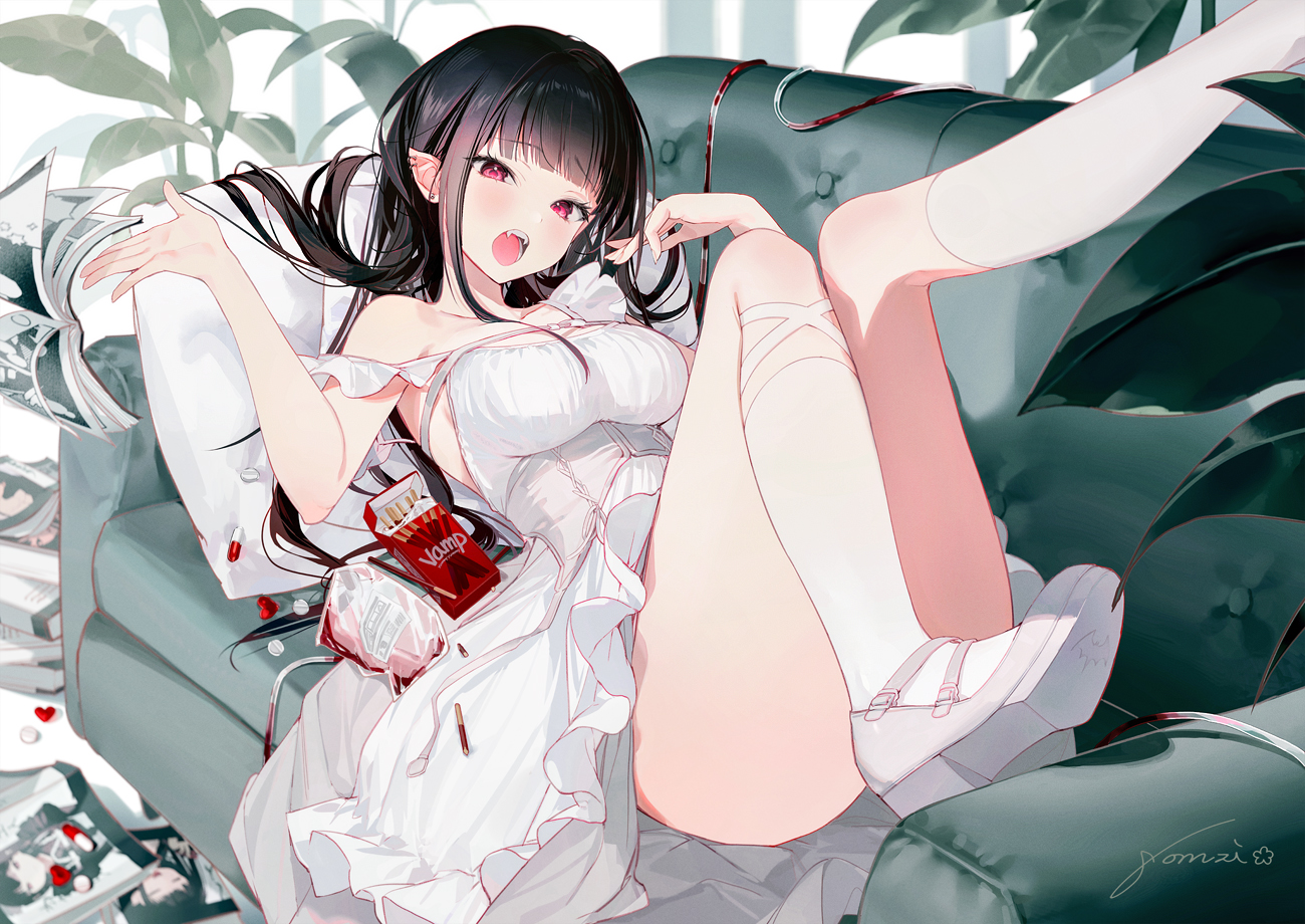 Anime 1300x920 original characters couch vampire girl open mouth fangs pointy ears ear piercing long hair lying down lying on back anime girls signature leaves plants socks mid calf socks black hair pills dress frills looking at viewer thighs big boobs bare shoulders indoors women indoors purple eyes white socks Pocky pillow heels