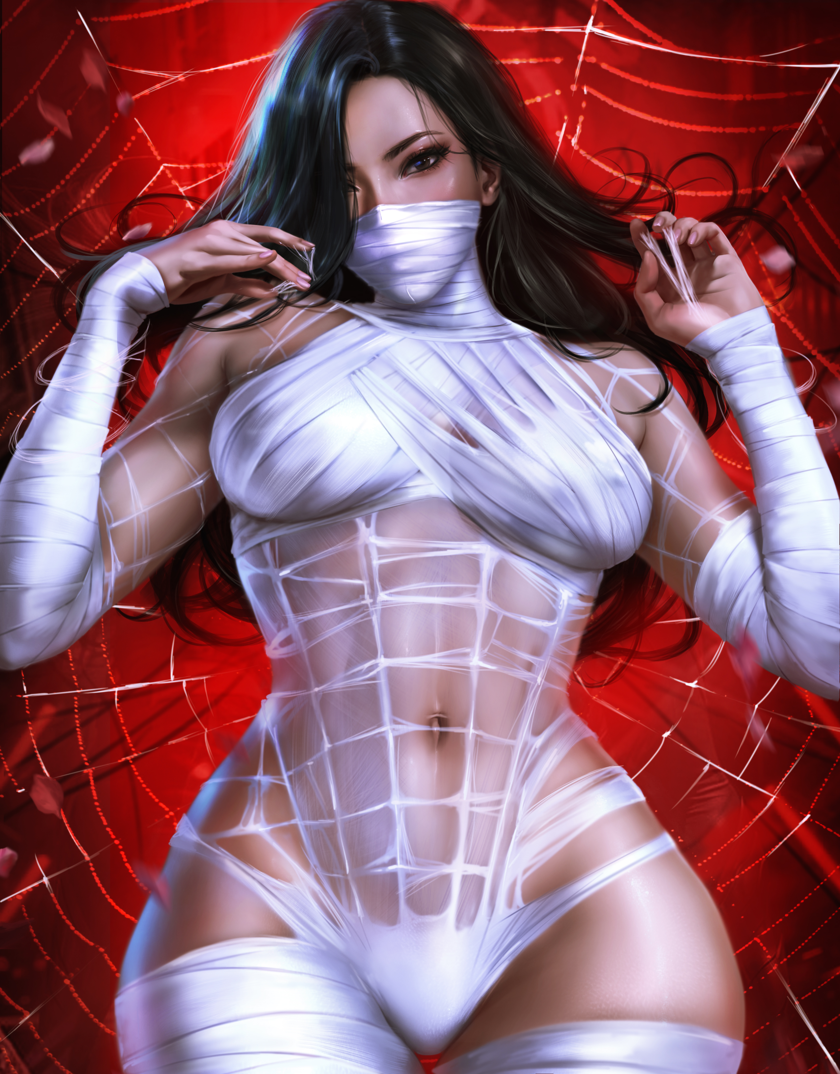 General 2908x3716 Marvel Comics black hair portrait display big boobs Silk (Marvel character) hips looking at viewer long hair wide hips white leotard hair over one eye Asian spiderwebs Logan Cure marvel character mask red background the gap elbow gloves black eyes fingerless gloves wrapped spider-man(series) petals