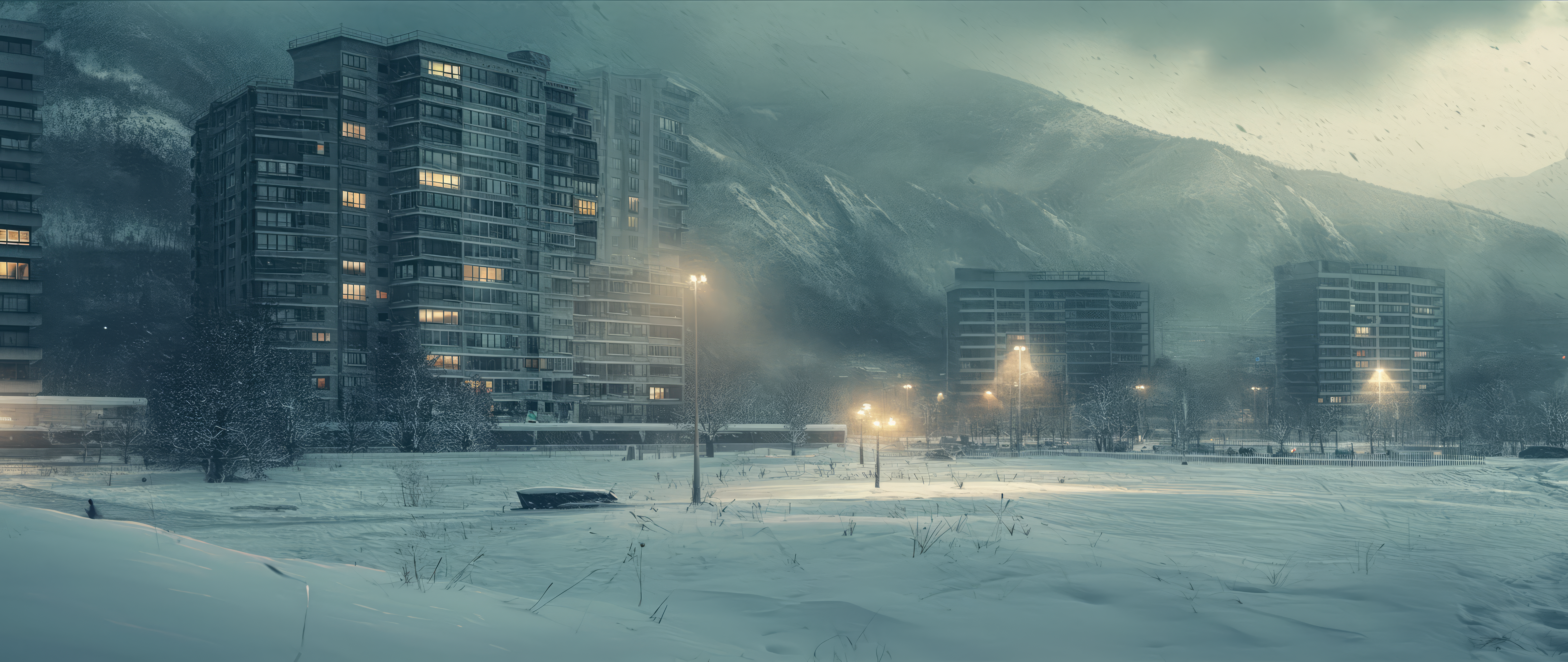 General 5120x2160 snow wide angle city landscape Midjourney winter digital art AI art block of flats building street light