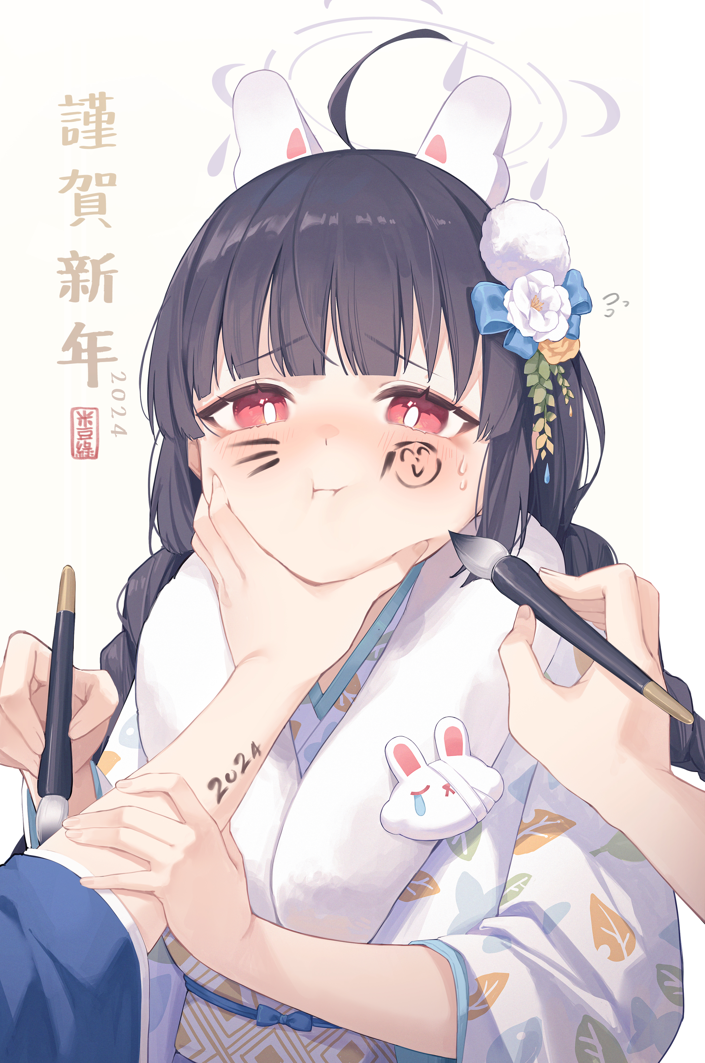 Anime 3000x4518 anime anime girls Miyu Kasumizawa kimono Blue Archive long hair Midori_Xu closed mouth looking at viewer red eyes sweatdrop paint brushes 2024 (year) flower in hair hair ornament ahoge dark hair bunny ears Sensei (Blue Archive) kanji simple background white background twintails POV wide sleeves long sleeves New Year