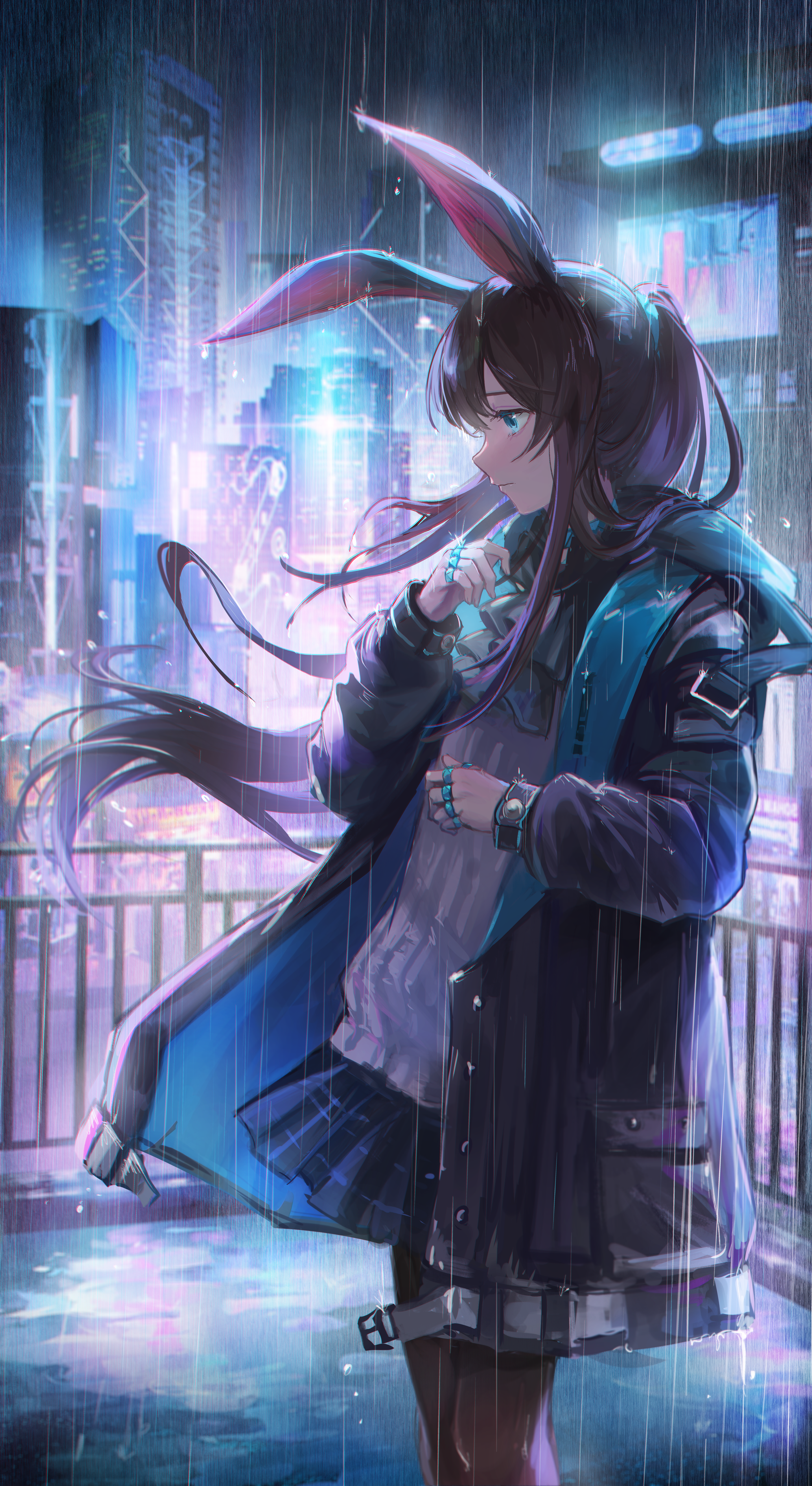 Anime 2624x4800 anime anime girls Amiya (Arknights) rain Arknights kyusoukyu portrait display long hair city lights brunette blue eyes open jacket jacket rooftops railing closed mouth building night skirt ascot city ponytail looking sideways wind hair blowing in the wind bunny ears bunny girl