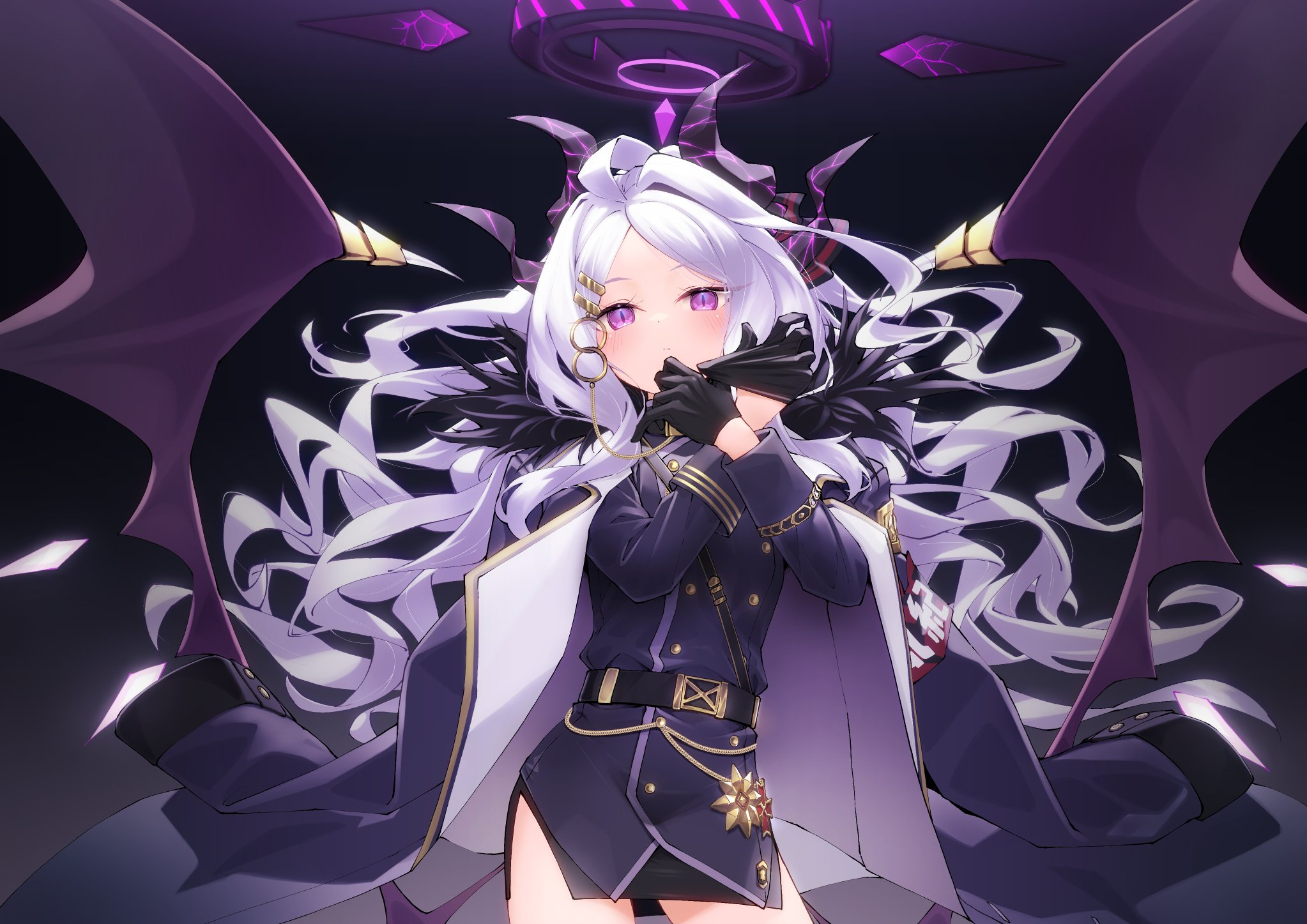 Anime 2046x1447 anime girl with wings Sorasaki Hina (Blue Archive) Blue Archive purple eyes dark background long hair white hair demon horns looking at viewer gloves anime girls black gloves hair spread out uniform hair ornament anime closed mouth blushing