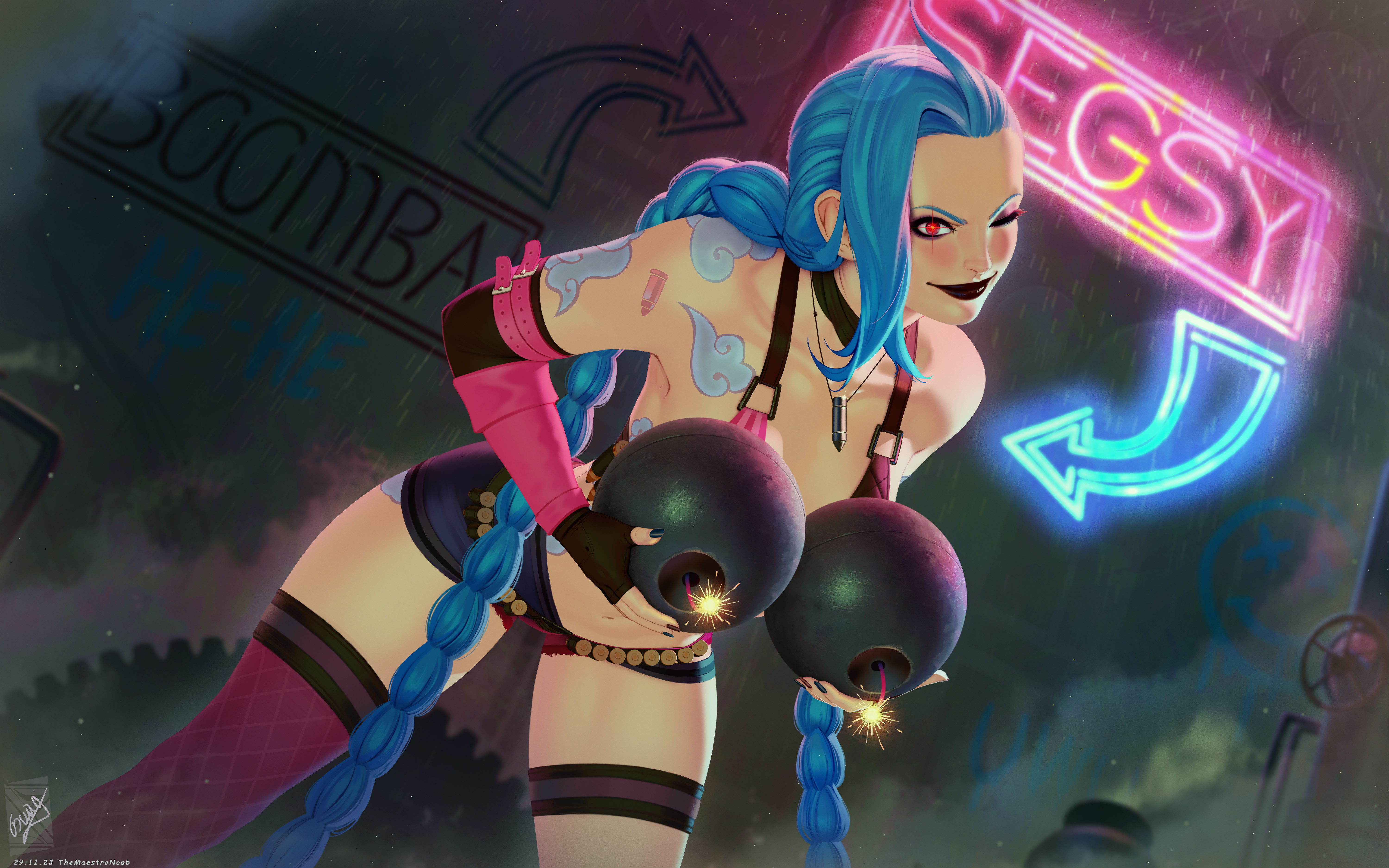General 6000x3750 Jinx (League of Legends) League of Legends braids long hair artwork drawing fan art TheMaestroNoob smiling video games closed mouth one eye closed wink watermarked necklace looking at viewer neon bent over video game girls thighs small boobs blushing blue hair rain tattoo smoke ammunition holding hair video game characters lipstick black lipstick bombs