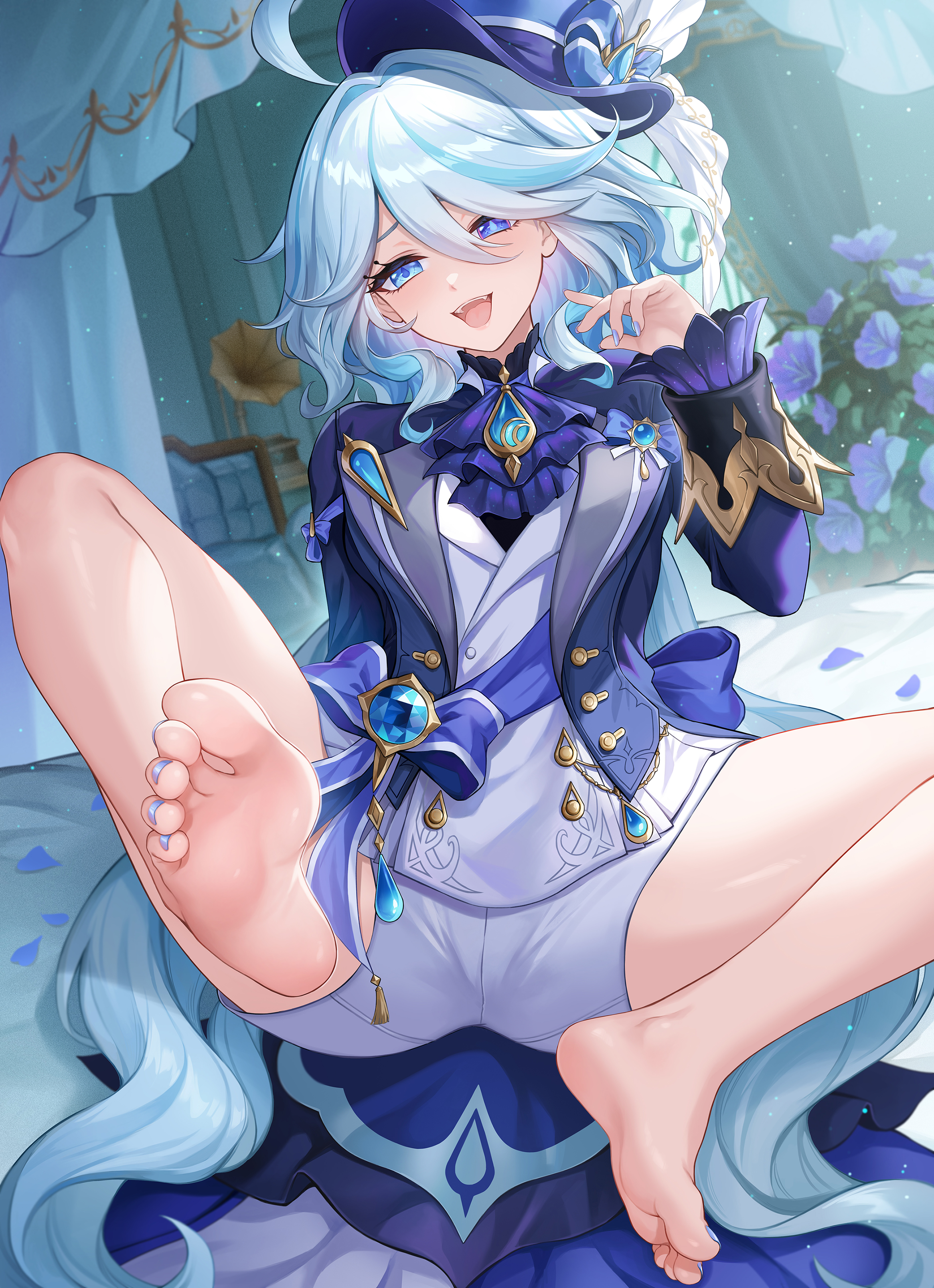 Anime 2329x3213 anime anime girls Pixiv Genshin Impact Furina (Genshin Impact) feet looking at viewer portrait display smiling open mouth spread legs heterochromia blue eyes two tone hair blue hair indoors women indoors foot sole flowers bed petals hat gemstones tailcoat Kacyu