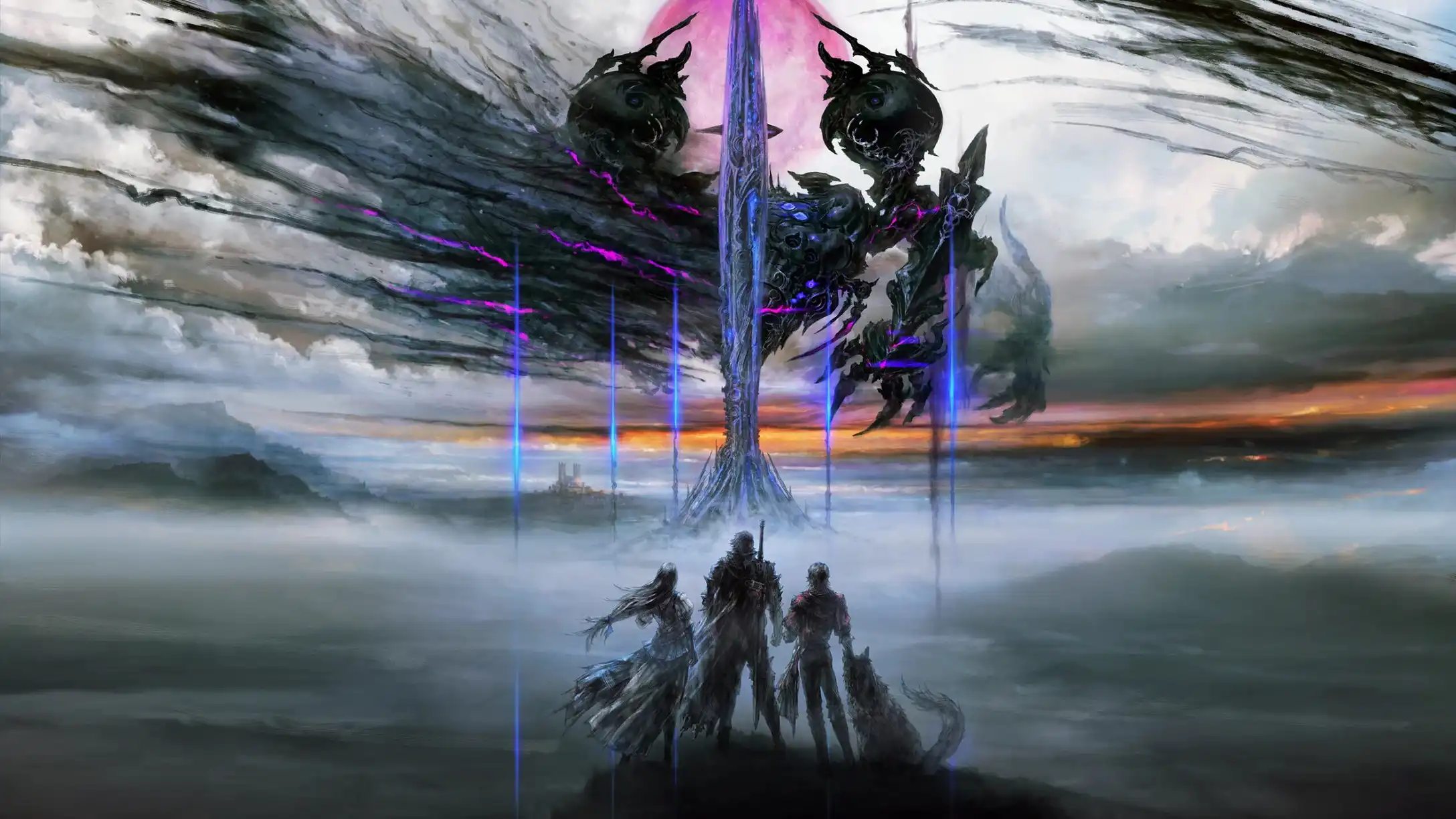 General 2176x1224 Final Fantasy concept art Clive Rosfield digital art sky Final Fantasy XVI video game art standing video game characters orange sky clouds video game men animals video game girls sunset sunset glow looking away video games overcast tower Omega Weapon