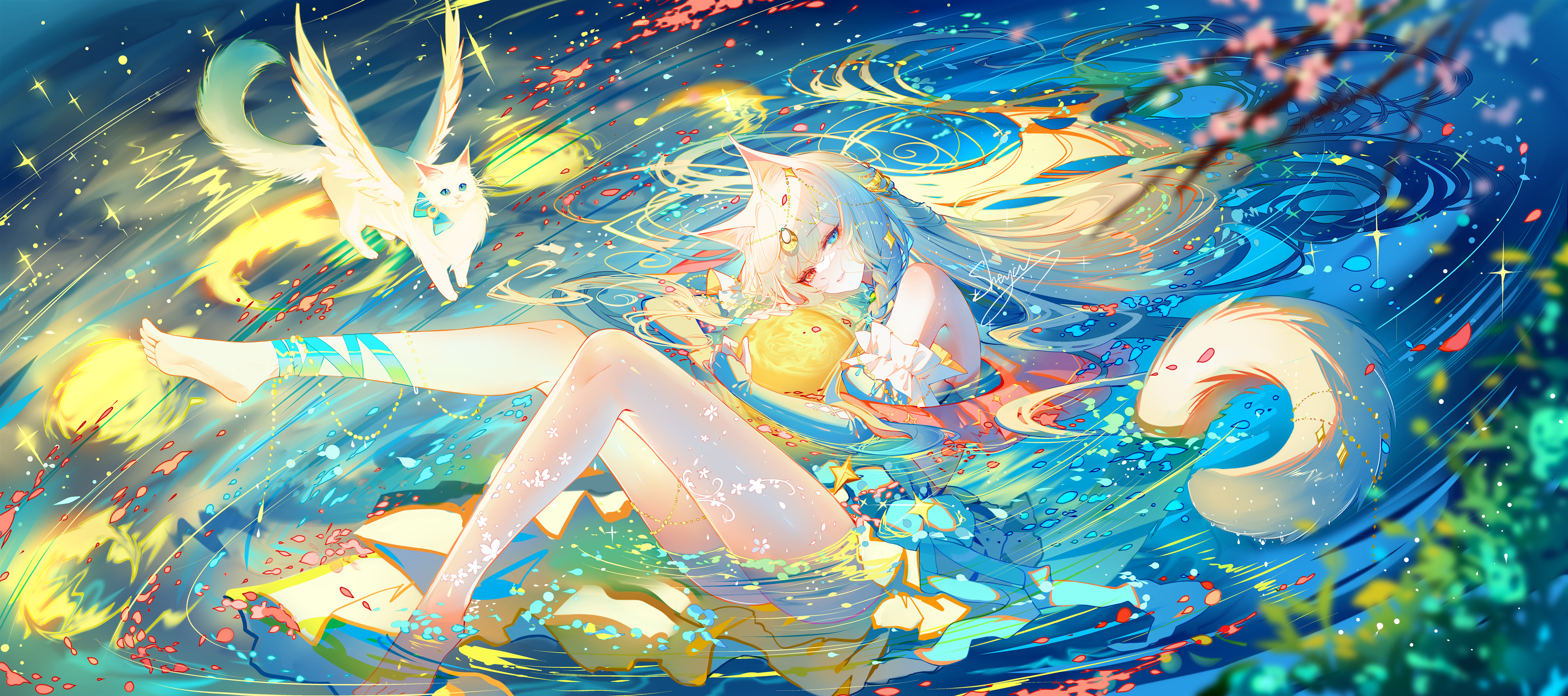 Anime 4000x1777 anime anime girls heterochromia tail looking at viewer sheya submerged in water long hair cat girl cat ears cat tail cats animals water bent legs signature braids foot sole barefoot wings