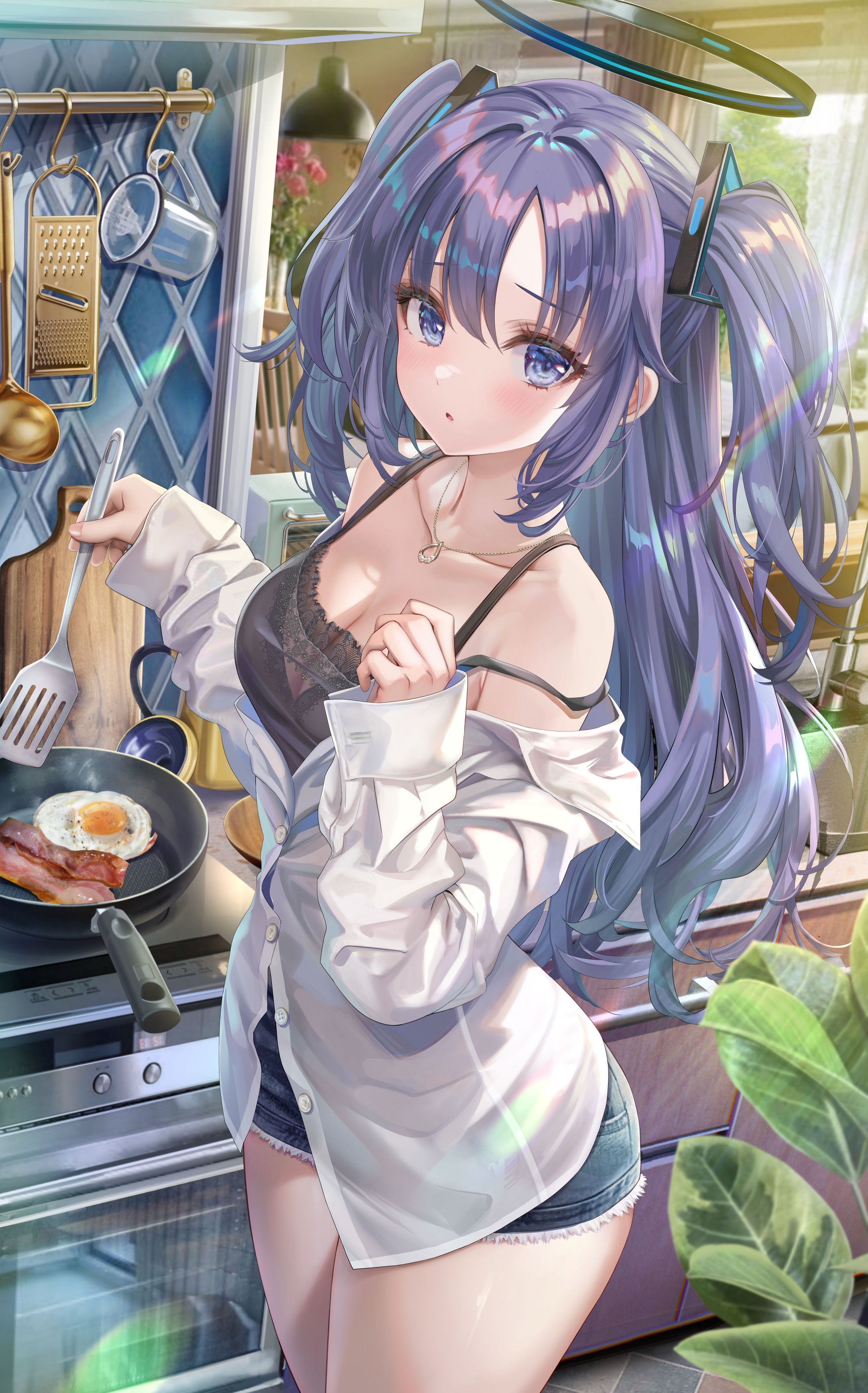 Anime 2182x3500 Torino Akua anime Hayase Yuuka Blue Archive looking at viewer long hair portrait display standing cooking spatula stove leaves bacon eggs necklace cup indoors women indoors sunlight off shoulder shorts cleavage bare shoulders blue eyes blue hair blushing thighs twintails open mouth rainbows oven hair between eyes anime girls steam (heat)