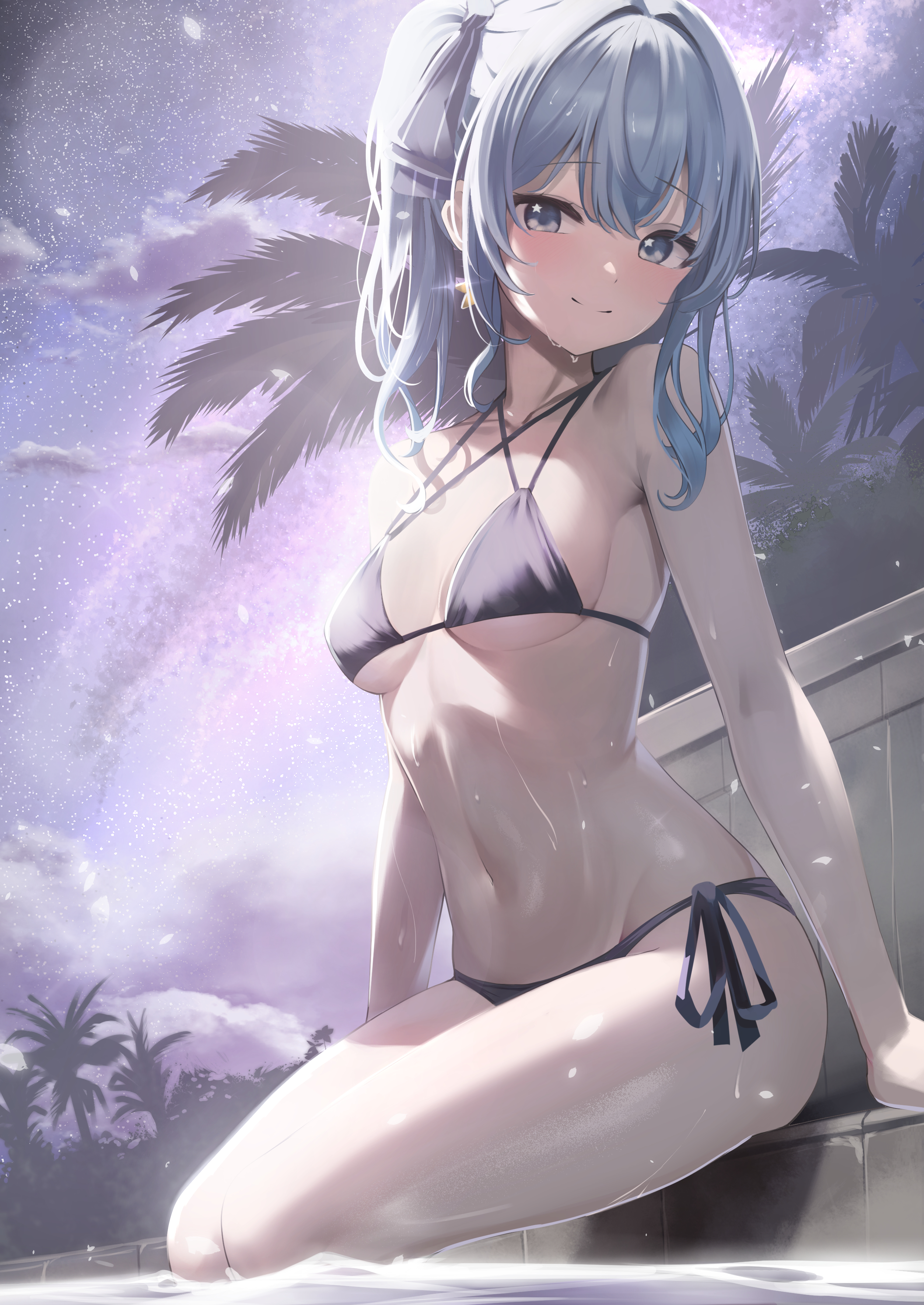 Anime 2508x3541 anime anime girls Hoshimachi Suisei Hololive Virtual Youtuber smiling closed mouth long hair hair between eyes wet looking at viewer sitting bikini small boobs palm trees portrait display blue hair blue eyes Li Zhu sky clouds wet body starry night starred sky stars swimming pool water blushing