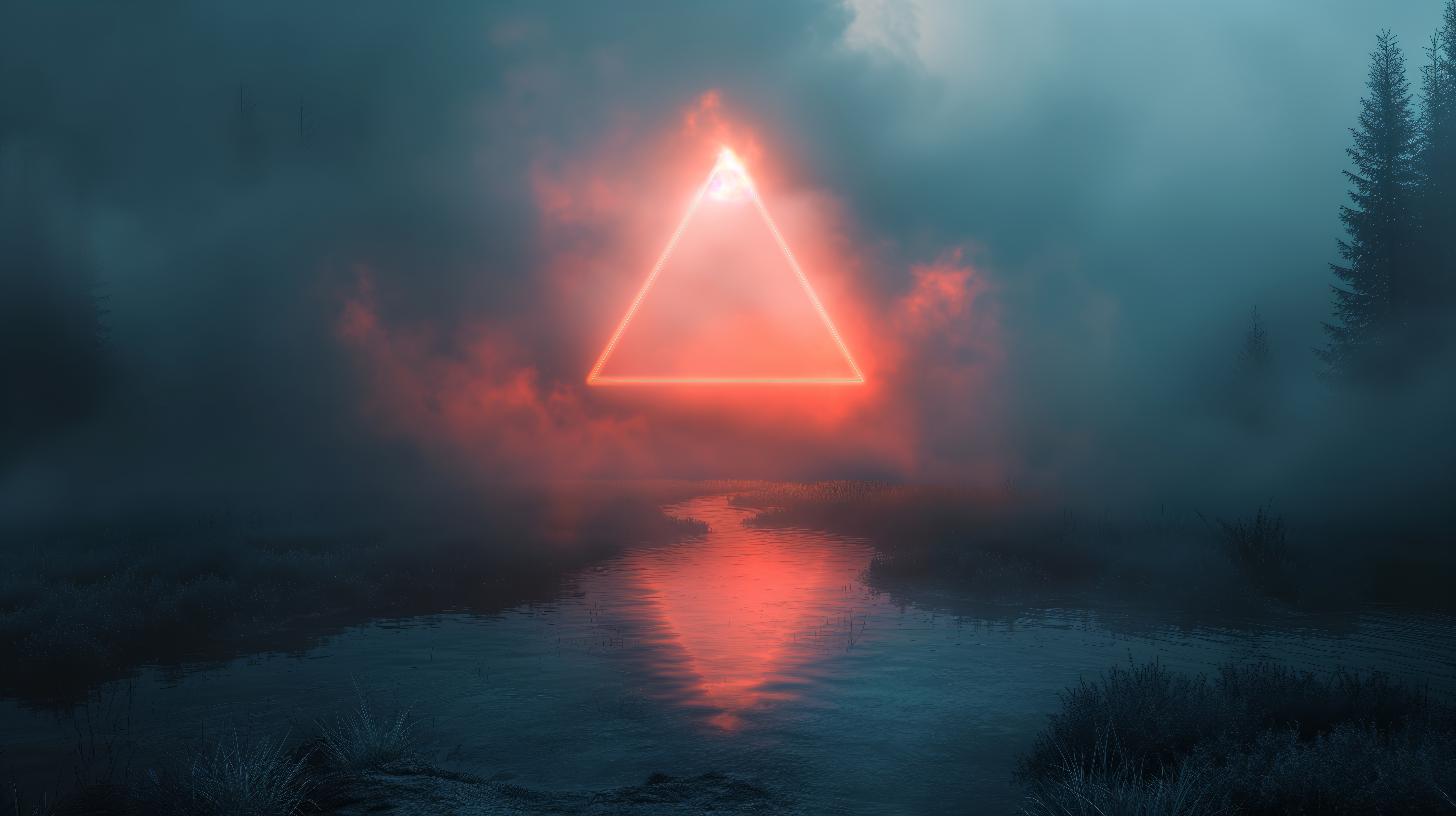 General 5824x3264 illustration triangle neon orange teal swamp abstract shapes reflection mist smoke water AI art