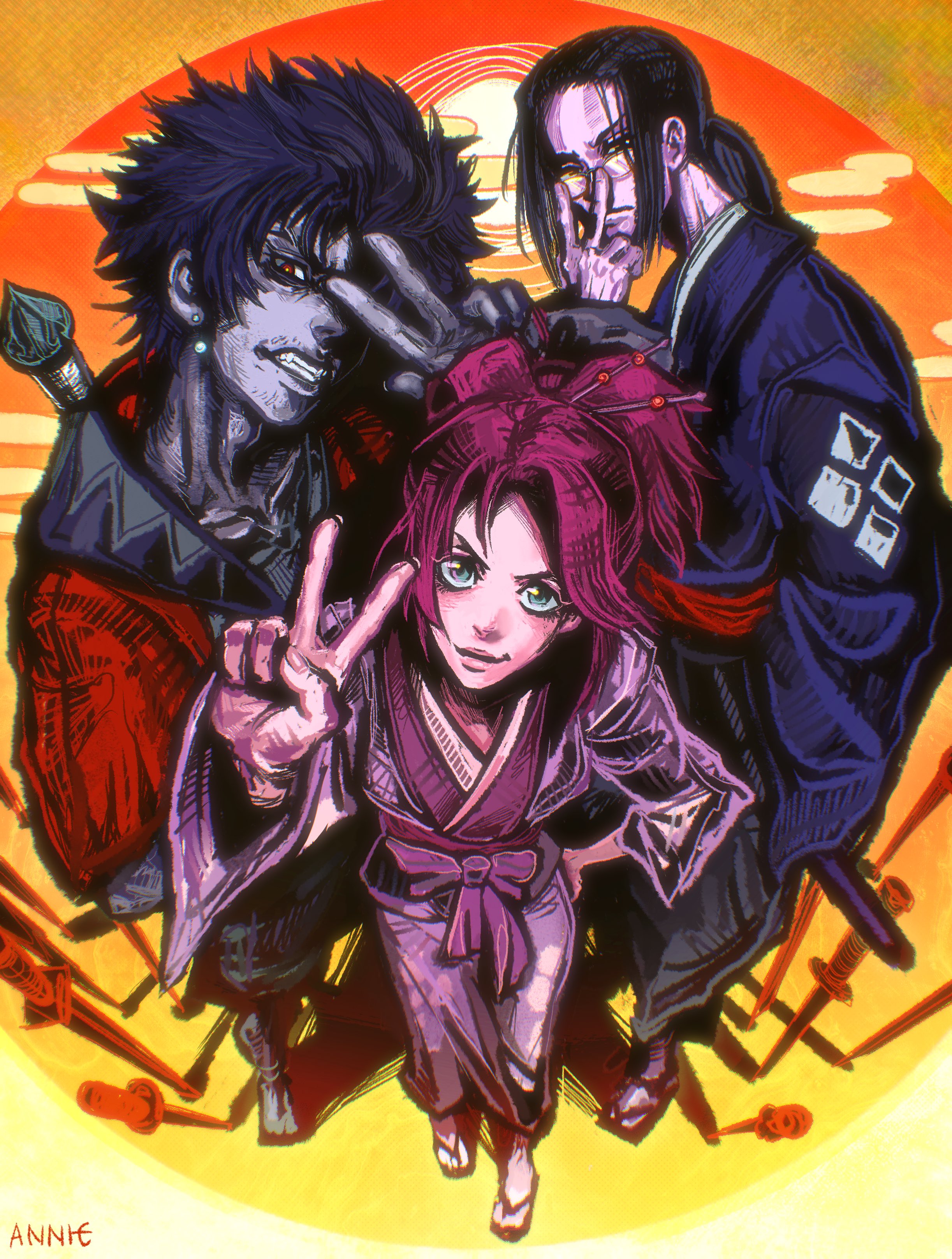 Anime 2445x3233 artwork fantasy art Samurai Champloo smiling digital art peace sign looking at viewer glasses one eye obstructed kimono signature anime boys anime girls closed mouth earring portrait display Mugen (Samurai Champloo) Jin (Samurai Champloo) Annie (Artist) Fuu Kasumi