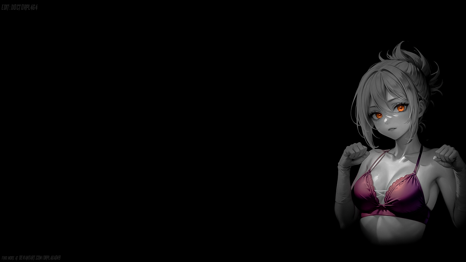 Anime 1920x1080 Riven (League of Legends) purple bra short hair simple background bra League of Legends boobs dark background fist hair between eyes parted lips collarbone sidelocks looking at viewer selective coloring anime anime girls