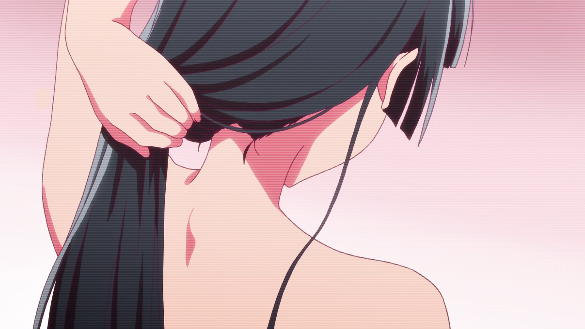 Anime 1920x1080 anime girls bare shoulders hair pulling necks black hair Soryuin Akemi simple background hair   anime Anime screenshot holding hair back