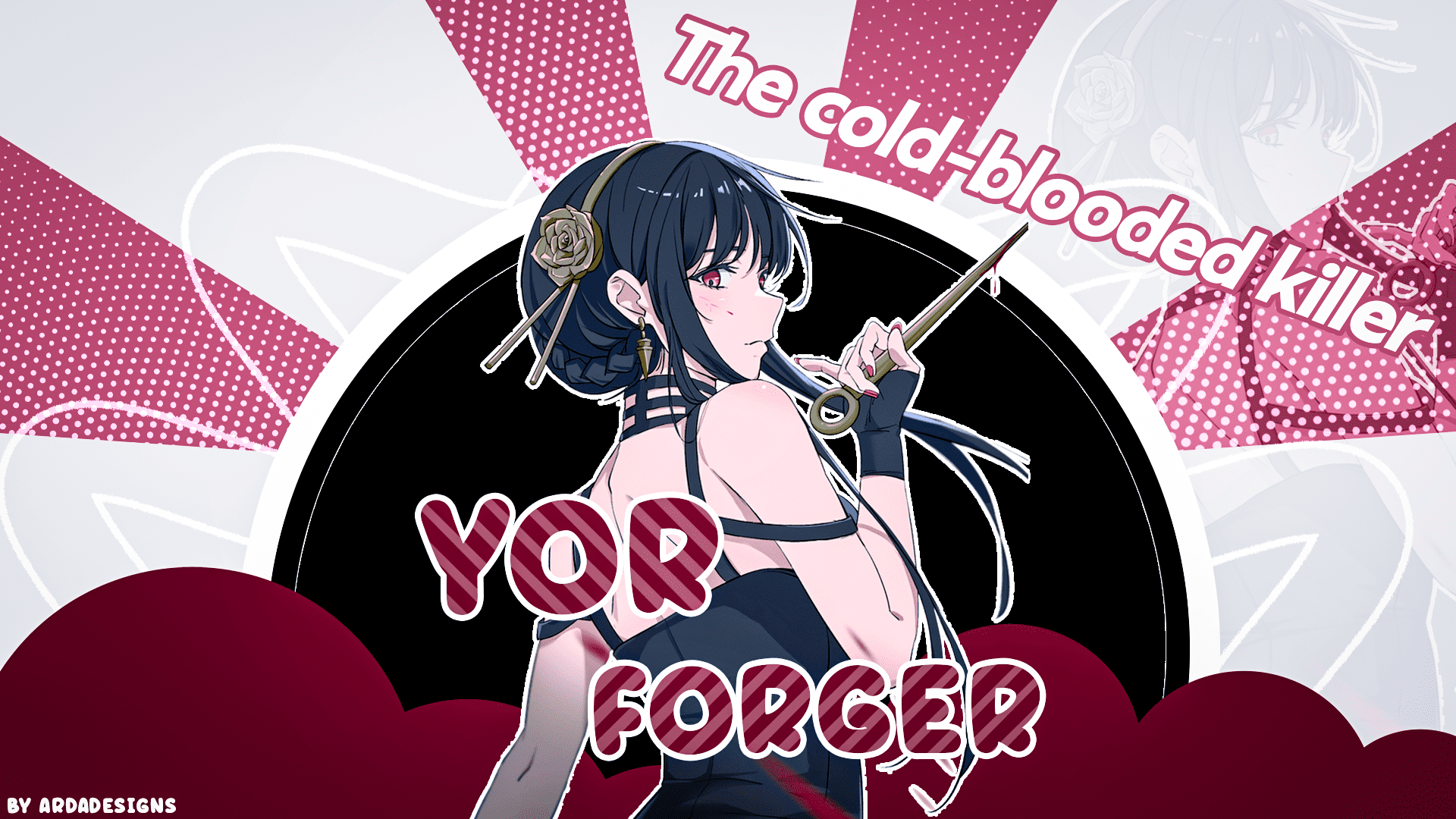Anime 1920x1080 anime girls Yor Forger Spy x Family anime looking at viewer long hair weapon red eyes gloves closed mouth watermarked blood painted nails looking back edit earring back