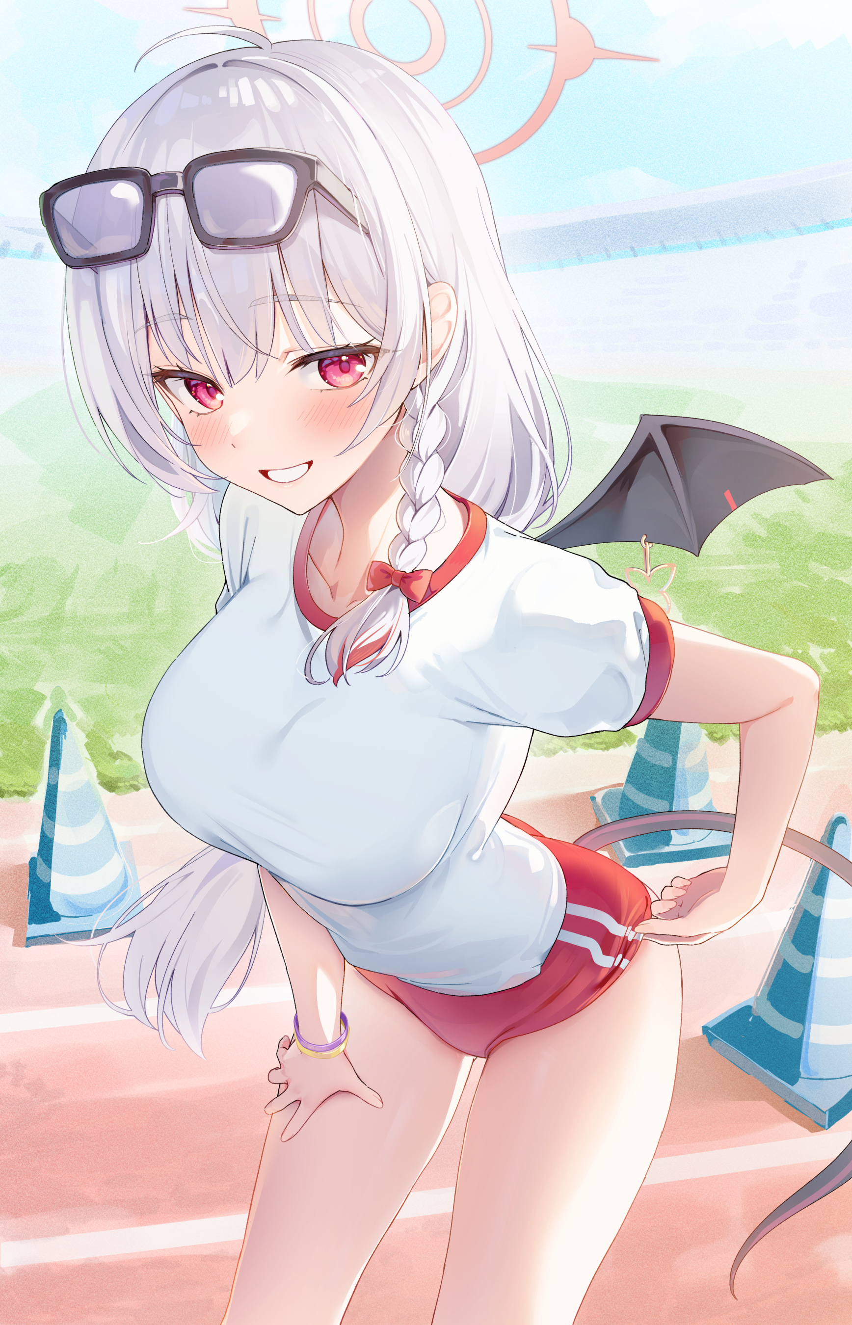 Anime 1736x2700 anime anime girls Haruna (Blue Archive) Blue Archive buruma sports shorts blushing looking at viewer smiling portrait display wings Auui hair between eyes sunlight gym clothes braids white hair glasses women with glasses short sleeves bracelets long hair hand on thigh legs thighs ahoge hair bows traffic cone