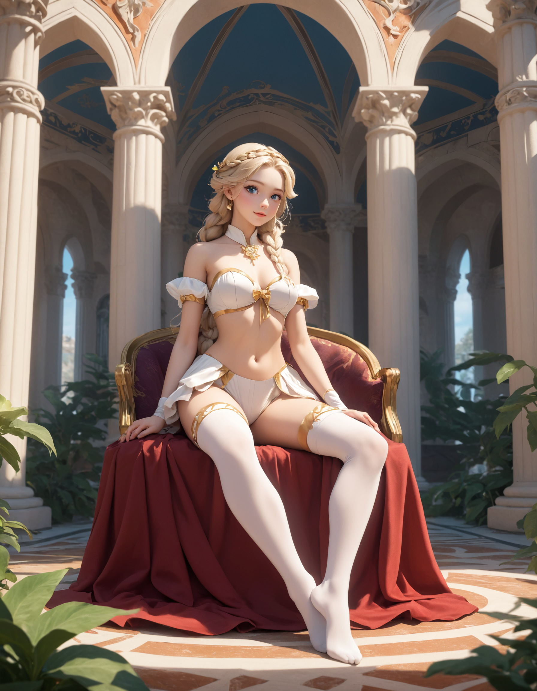 General 1792x2304 AI art blonde white tights women lingerie throne young women princess portrait display sitting looking at viewer sunlight closed mouth earring digital art long hair braids leaves plants window bare shoulders blue eyes
