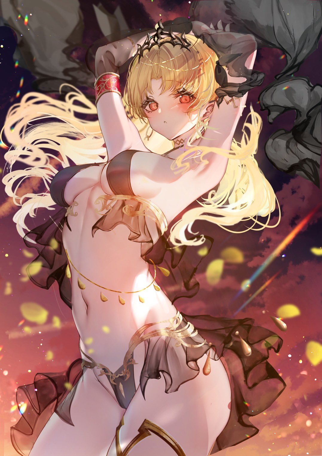 Anime 1077x1523 Fate series orange eyes portrait display arms up Ereshkigal (Fate/Grand Order) Fate/Grand Order sunset alternate costume armpits blonde women outdoors long hair elbow gloves black gloves blushing ChiaChun closed mouth black skirts petals big boobs jewelry thigh strap red eyes partially clothed sky tiaras bare shoulders anime girls gloves