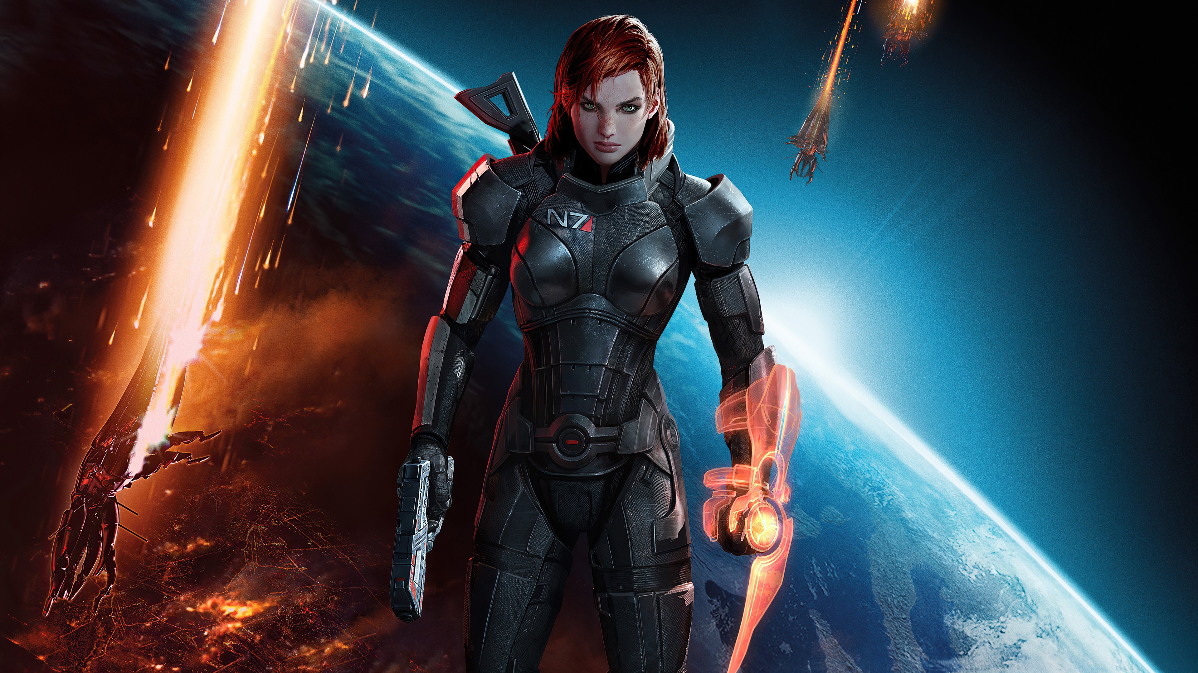 General 3840x2160 Mass Effect Mass Effect 3 video games Jane Shepard looking at viewer armor space video game girls gun video game characters girls with guns standing closed mouth redhead blue eyes freckles video game art planet N7 Commander Shepard