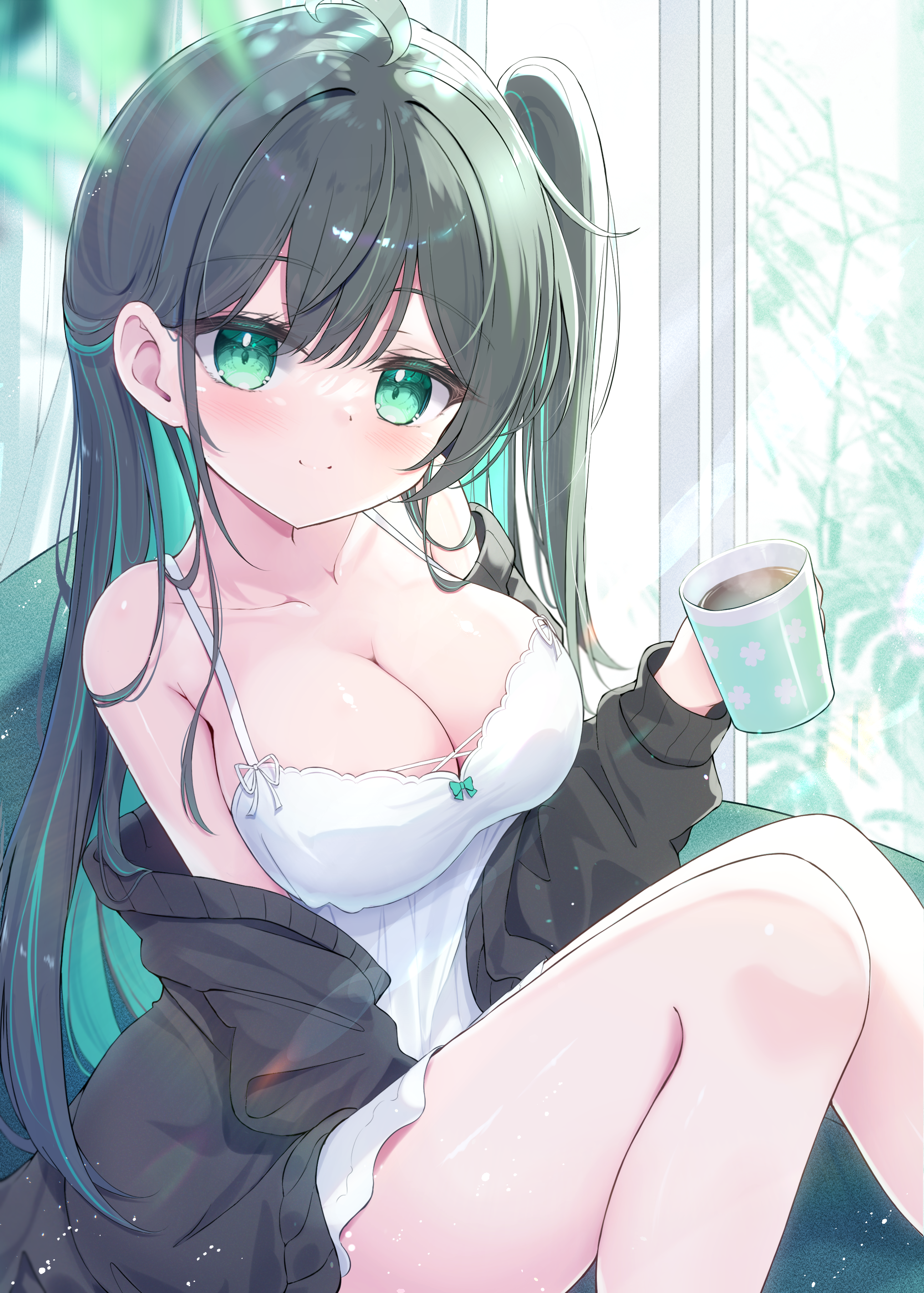 Anime 2591x3624 anime anime girls cleavage portrait display looking at viewer drink closed mouth smiling two tone hair window by the window big boobs collarbone bent legs long hair bare shoulders indoors women indoors leaves blue eyes off shoulder Side ponytail sunlight dress cup Mikaze Oto
