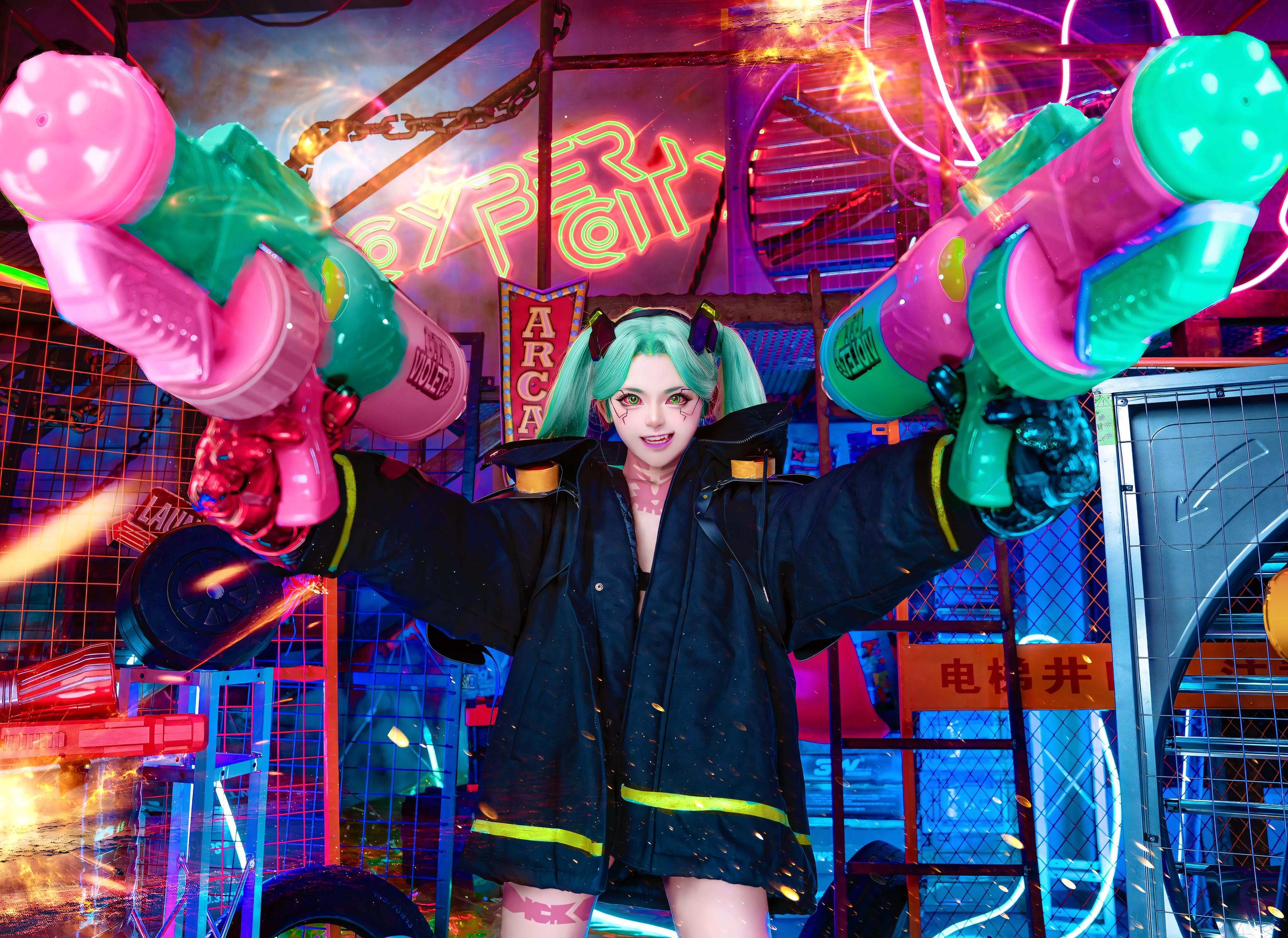 People 4096x2984 Seeuxiaorou cosplay photoshopped Cyberpunk 2077 Rebecca (Cyberpunk: Edgerunners) smiling holding gun oversized outfit green hair long hair twintails Asian