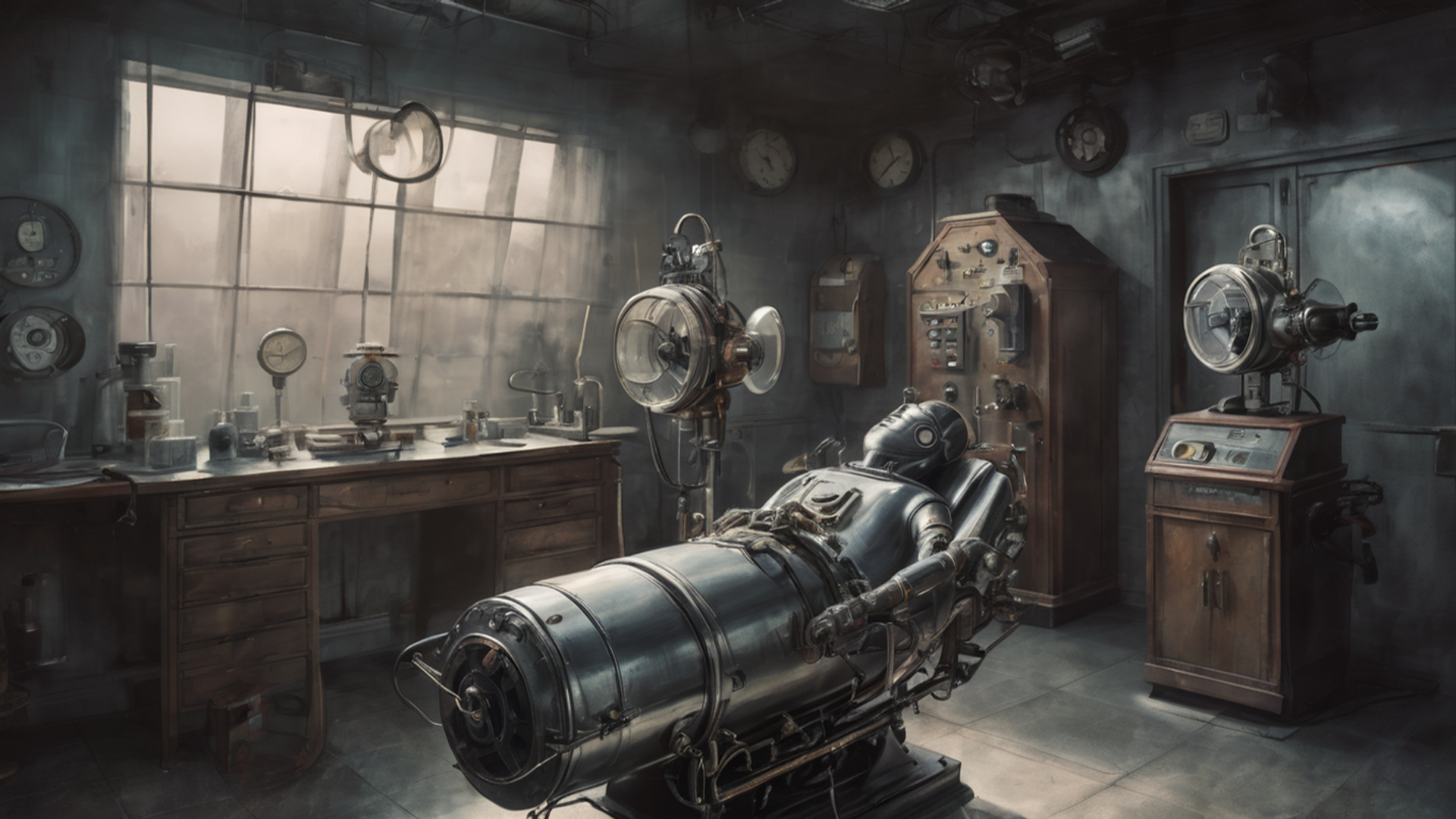 General 1920x1080 AI art doctor office steampunk Iron Lung dark ages medicine clocks desk tiles