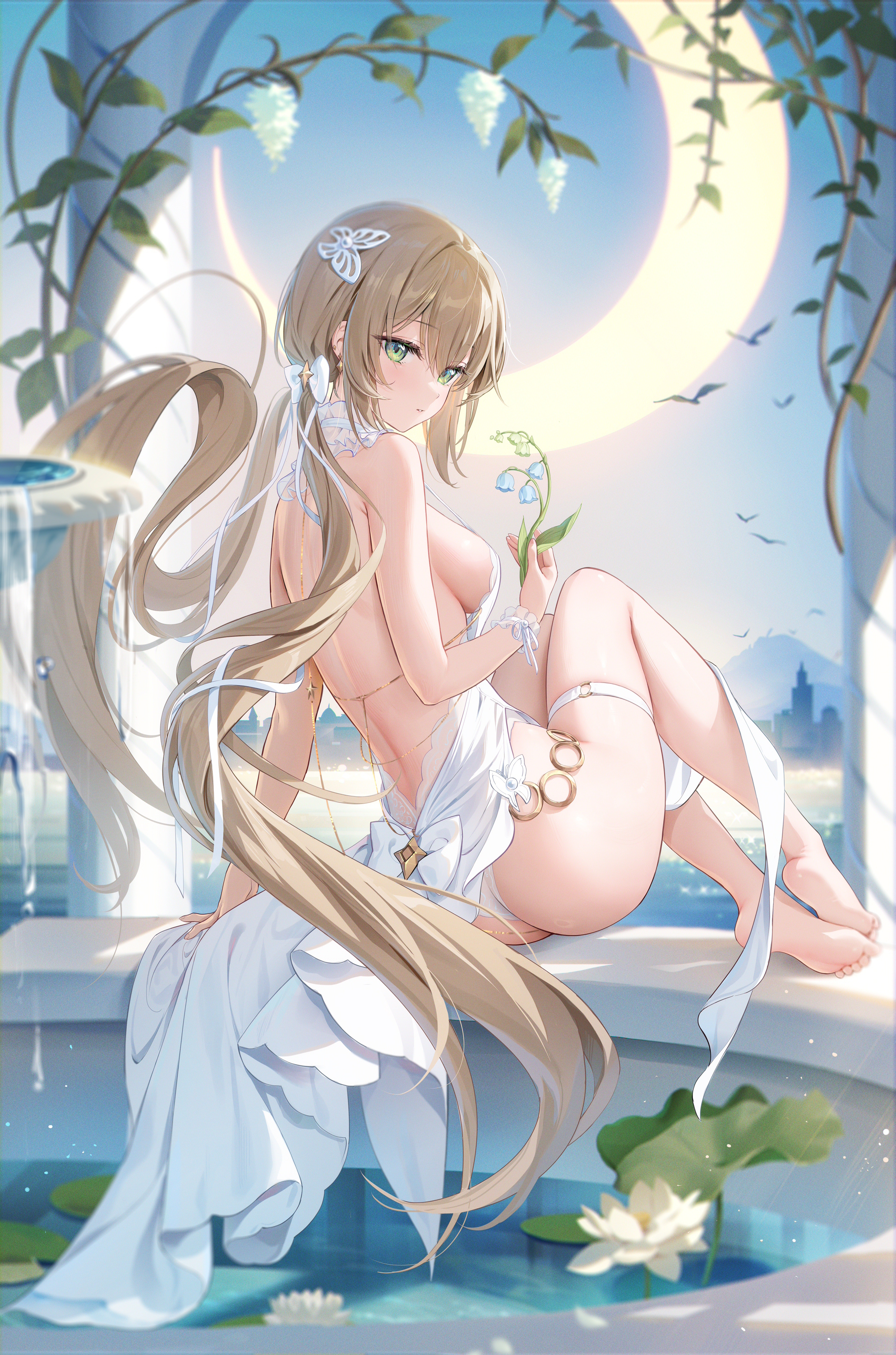 Anime 1986x3000 Houkiboshi looking back portrait display sitting white dress small boobs Momoko (Houkiboshi) sky crescent moon green eyes foot sole women outdoors looking at viewer barefoot hair ornament hair ribbon white flowers thigh strap water lilies closed mouth rear view partially clothed blonde Moon water back ass sideboob flowers night dress feet thighs legs toes vines fountain hair between eyes anime anime girls