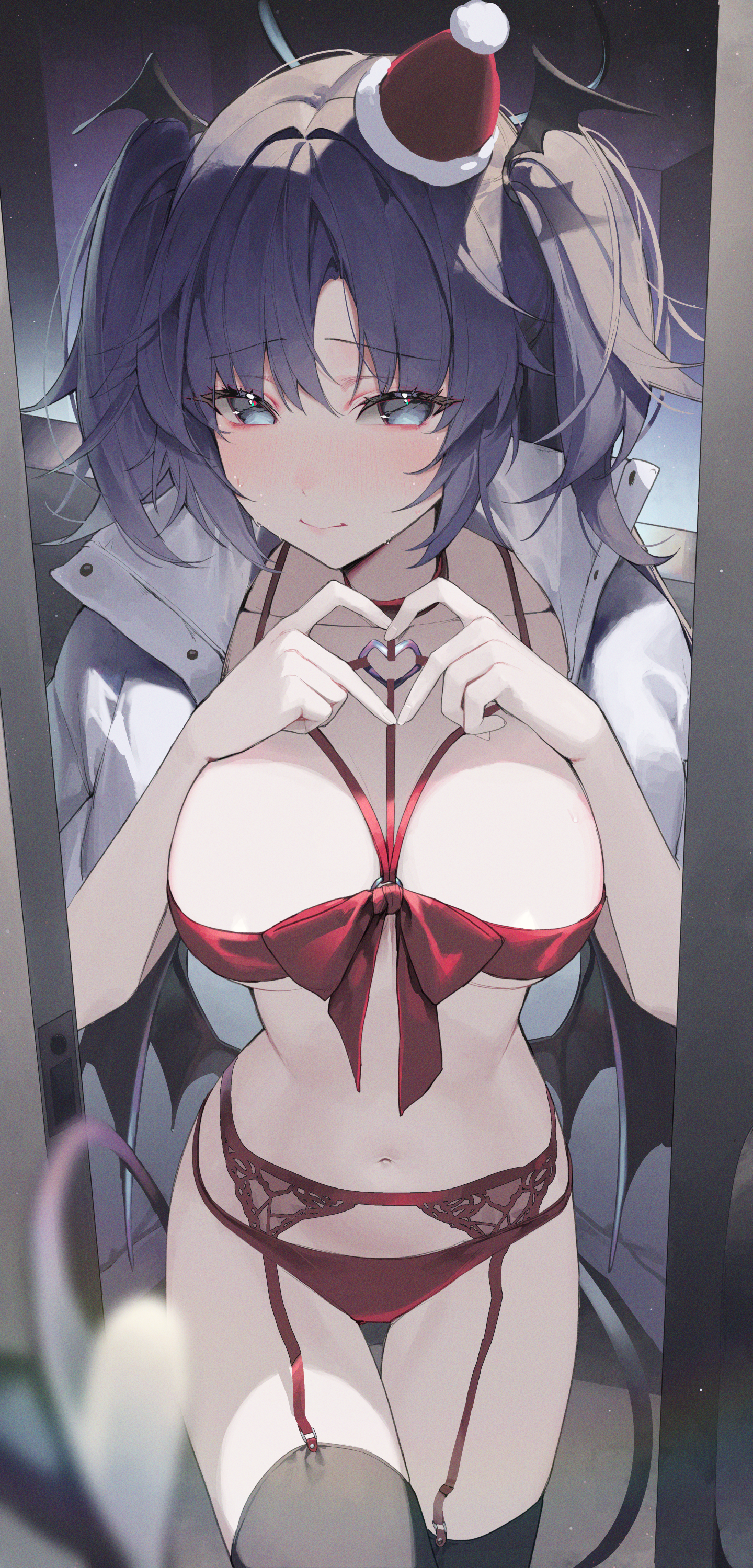 Anime 1440x3000 anime anime girls portrait display standing Hayase Yuuka Blue Archive looking at viewer long hair red lingerie big boobs G5 (artist) collarbone closed mouth lingerie Santa hats thigh-highs black thigh-highs tail succubus demon girls head wings Christmas heart hands smiling wings doorways door