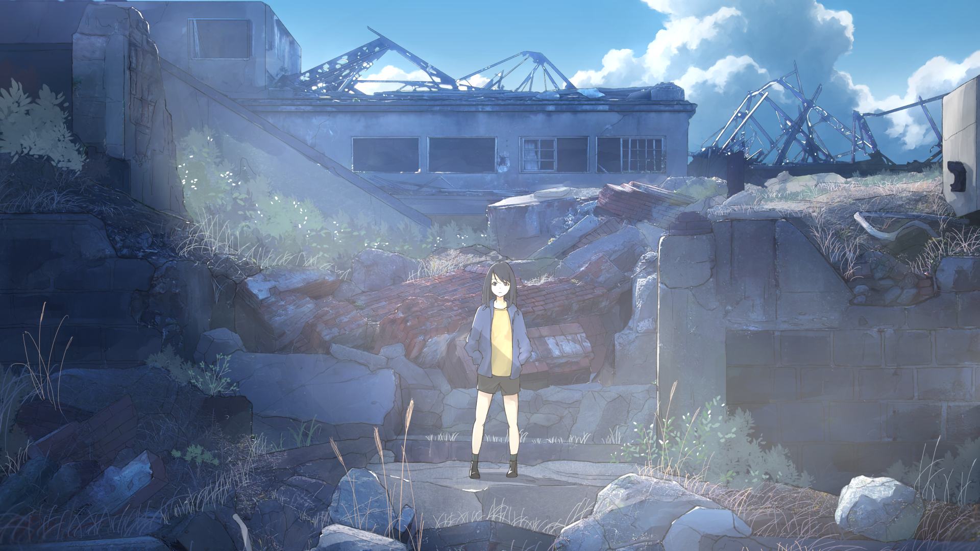 Anime 1920x1080 anime urban decay Skybase anime girls looking at viewer clouds hands in pockets sky rocks sunlight grass standing long hair building open jacket jacket debris shorts outdoors women outdoors