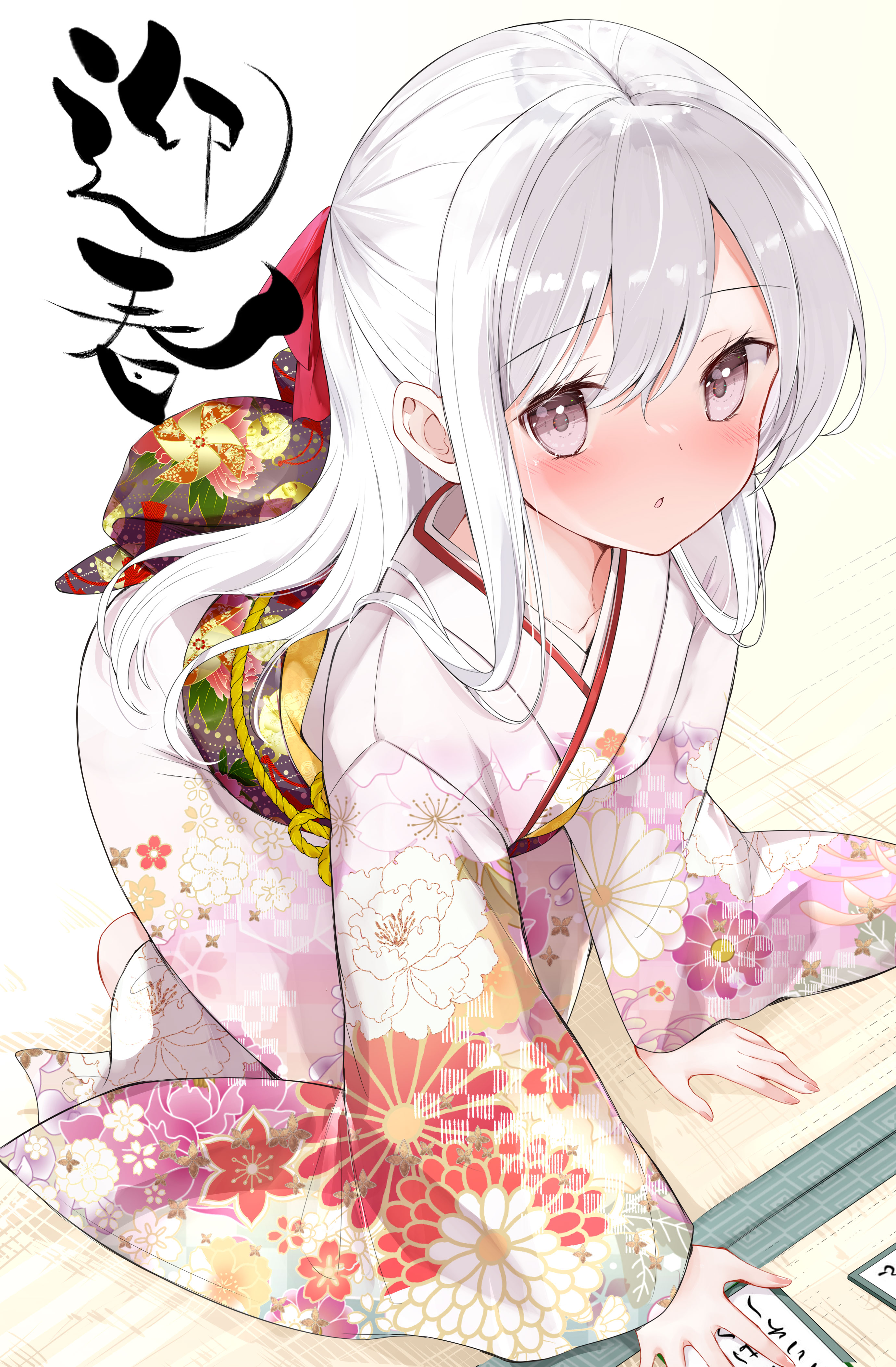 Anime 2760x4210 anime anime girls portrait display Hamaken wide sleeves long sleeves white hair purple eyes looking at viewer floral original characters floor on the floor bent over open mouth long hair Japanese Japanese clothes hair between eyes blushing collarbone kimono tatami