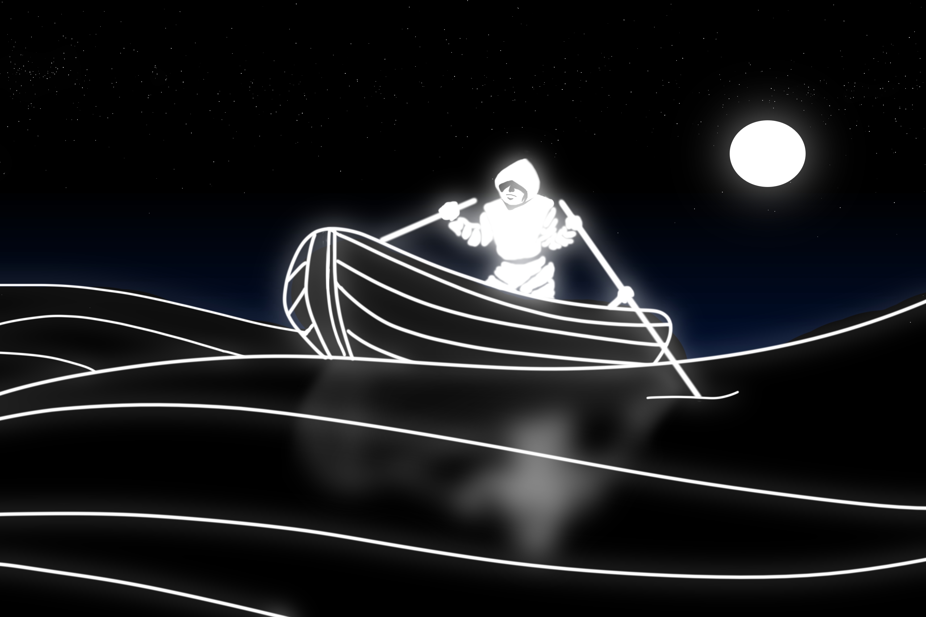 General 3000x2000 fisherman boat sea night monochrome Moon waves stars black background water simple background hoods sailing
