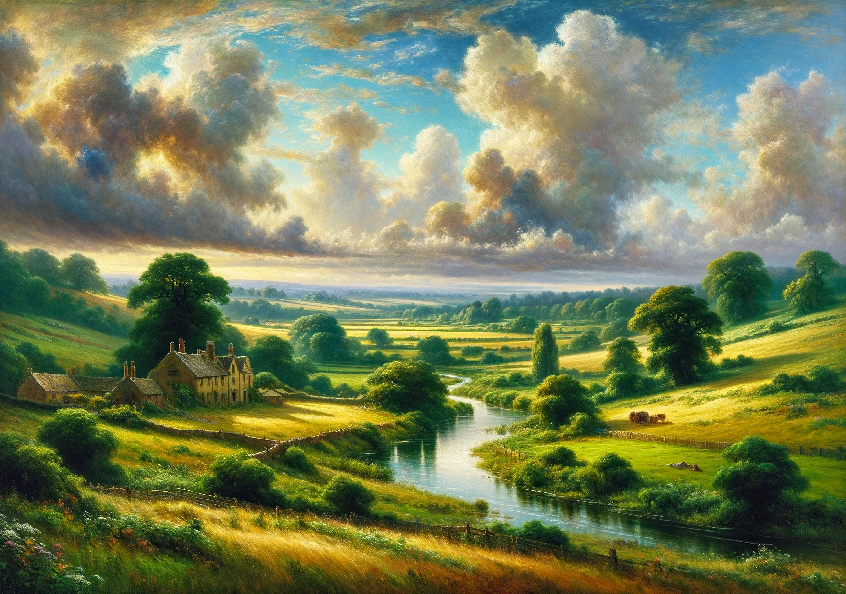 General 2915x2048 AI art digital art landscape trees digital painting imitation John Constable water sky clouds nature sunlight house grass