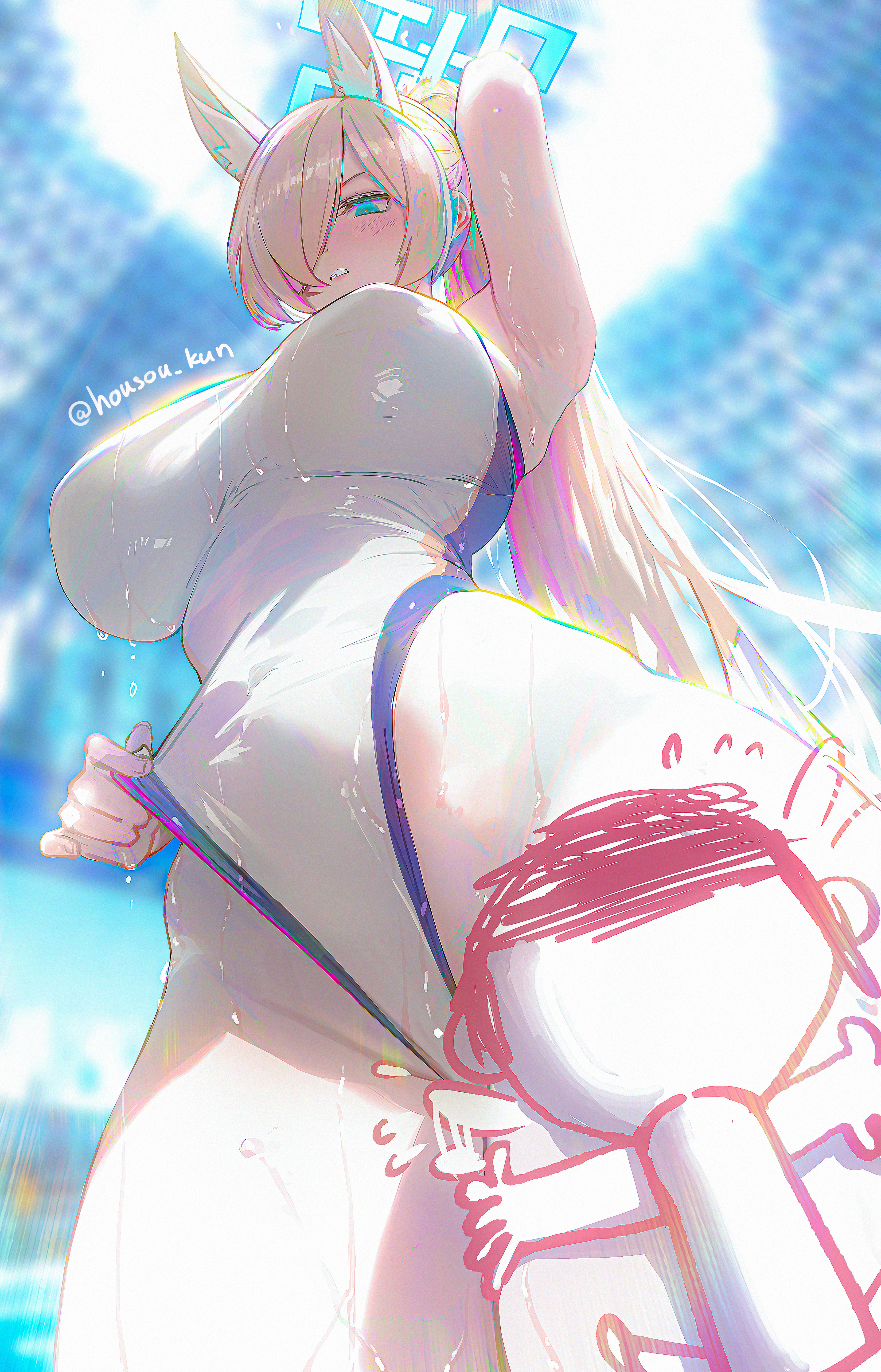 Anime 3750x5838 Blue Archive animal ears portrait display long hair Kanna (Blue Archive) wet white swimsuit wet body huge breasts sidelocks pulling clothing ponytail low-angle bare shoulders wet swimsuit parted lips chromatic aberration sky looking at viewer thighs one-piece swimsuit halo swimwear one arm up Housouchan blue eyes hair over one eye blonde Sensei (Blue Archive)