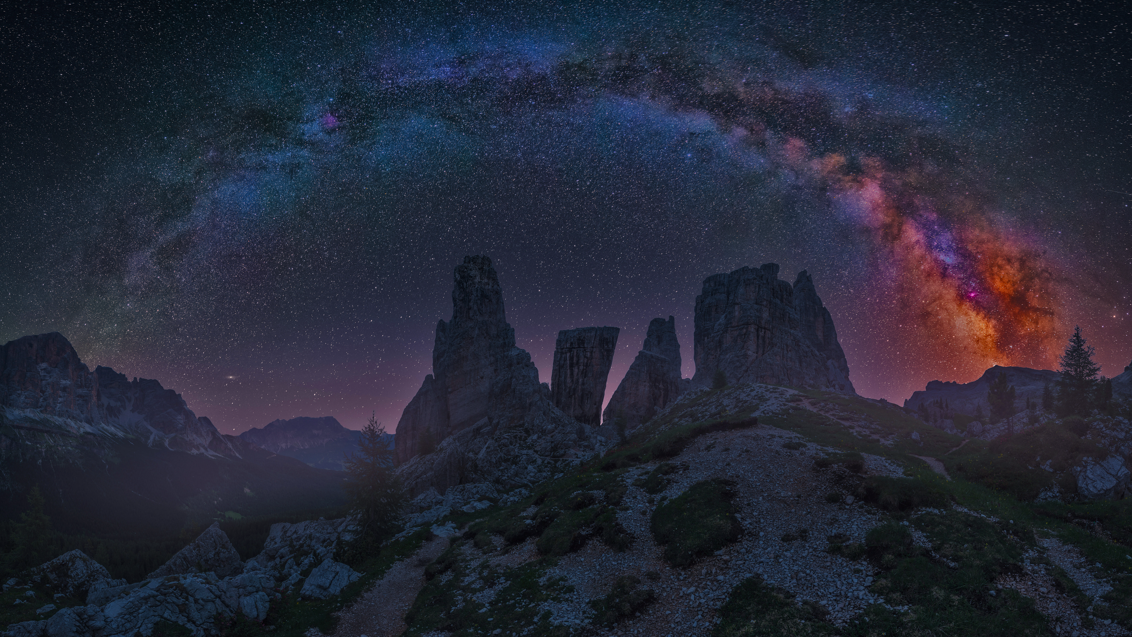 General 3840x2160 nature landscape low light mountains grass rocks dust Milky Way night stars Dolomites