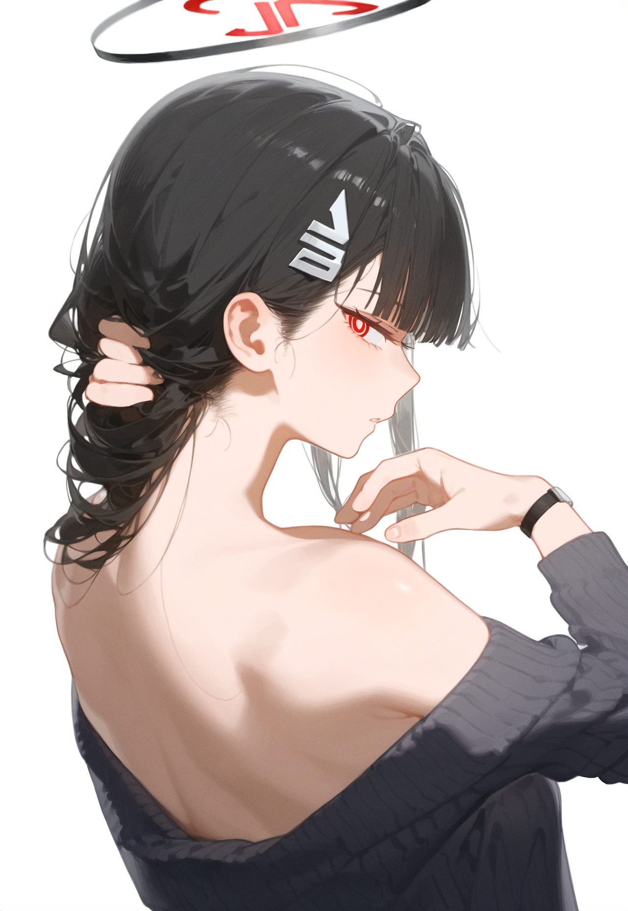Anime 1280x1856 anime anime girls AI art Blue Archive Tsukatsuki Rio red eyes ringed eyes black hair portrait display hair clip white background sweater simple background back looking over shoulder hand(s) in hair looking back holding hair off shoulder bare shoulders
