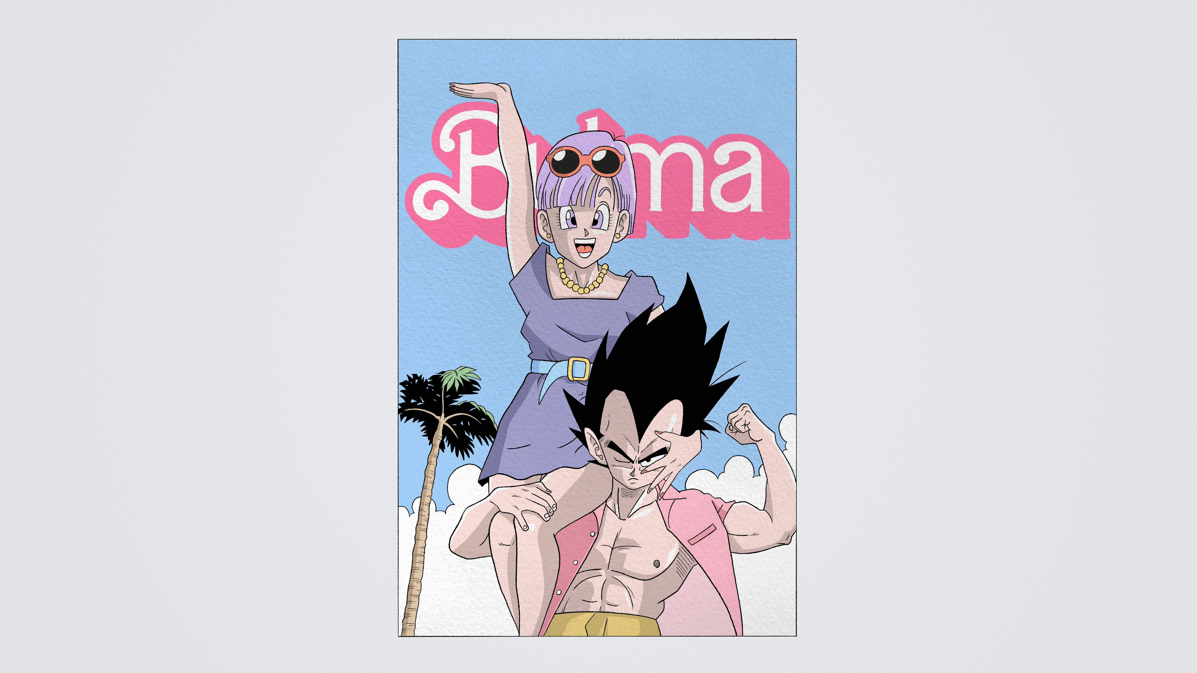 Anime 3840x2160 Dragon Ball Dragon Ball Z Vegeta Bulma anime girls anime boys anime couple black hair purple hair Barbie (2023) Barbie palm trees simple background Spiky Hair bangs women with shades sunglasses holding person muscular open shirt dress smiling open mouth looking at viewer necklace laughing parody text poster nipples abs biceps saiyan
