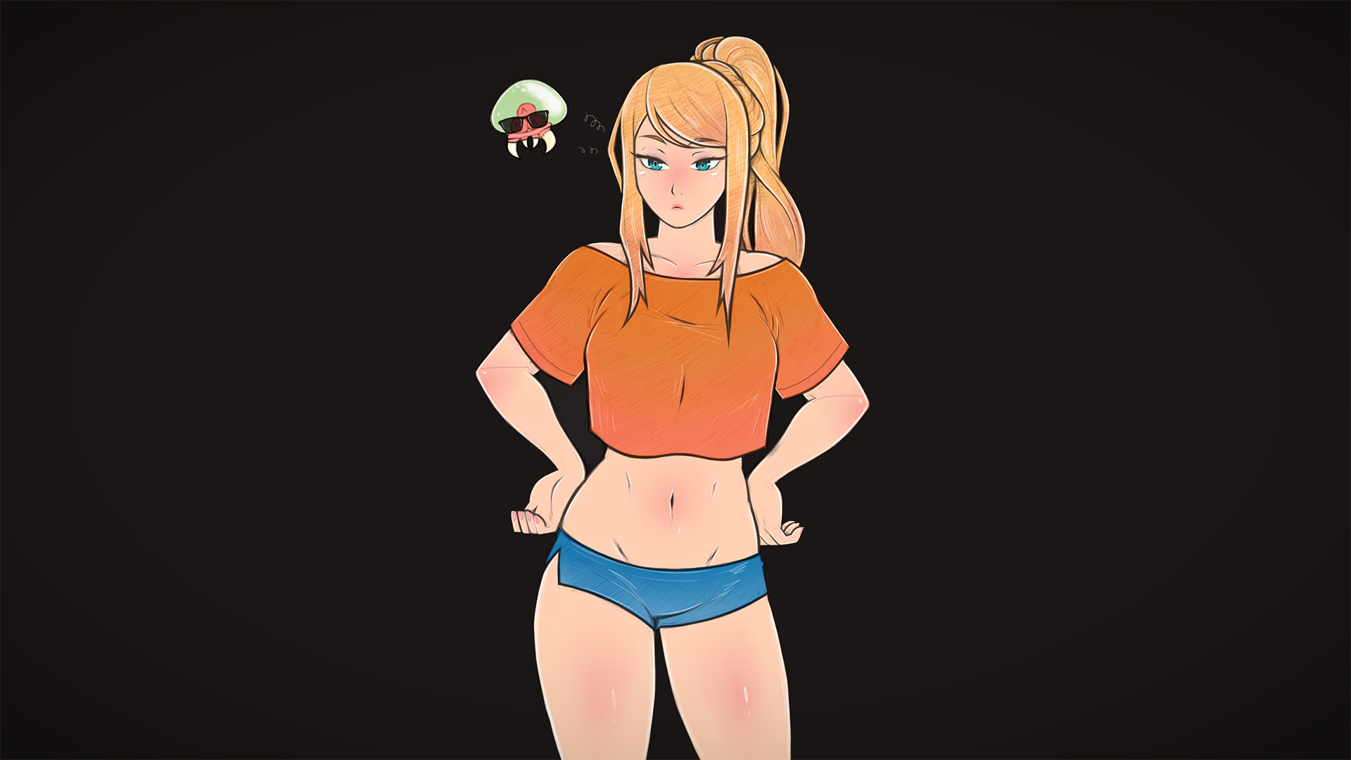 Anime 1920x1080 video games video game girls long hair ponytail bangs looking at viewer hips blonde blunt bangs shirt T-shirt orange t-shirt orange shirts shorts jean shorts belly belly button bare midriff hands on hips collarbone defined collarbone thighs black background simple background blue eyes Nintendo Samus Aran Metroid sunglasses women with shades sidelocks denim skirt