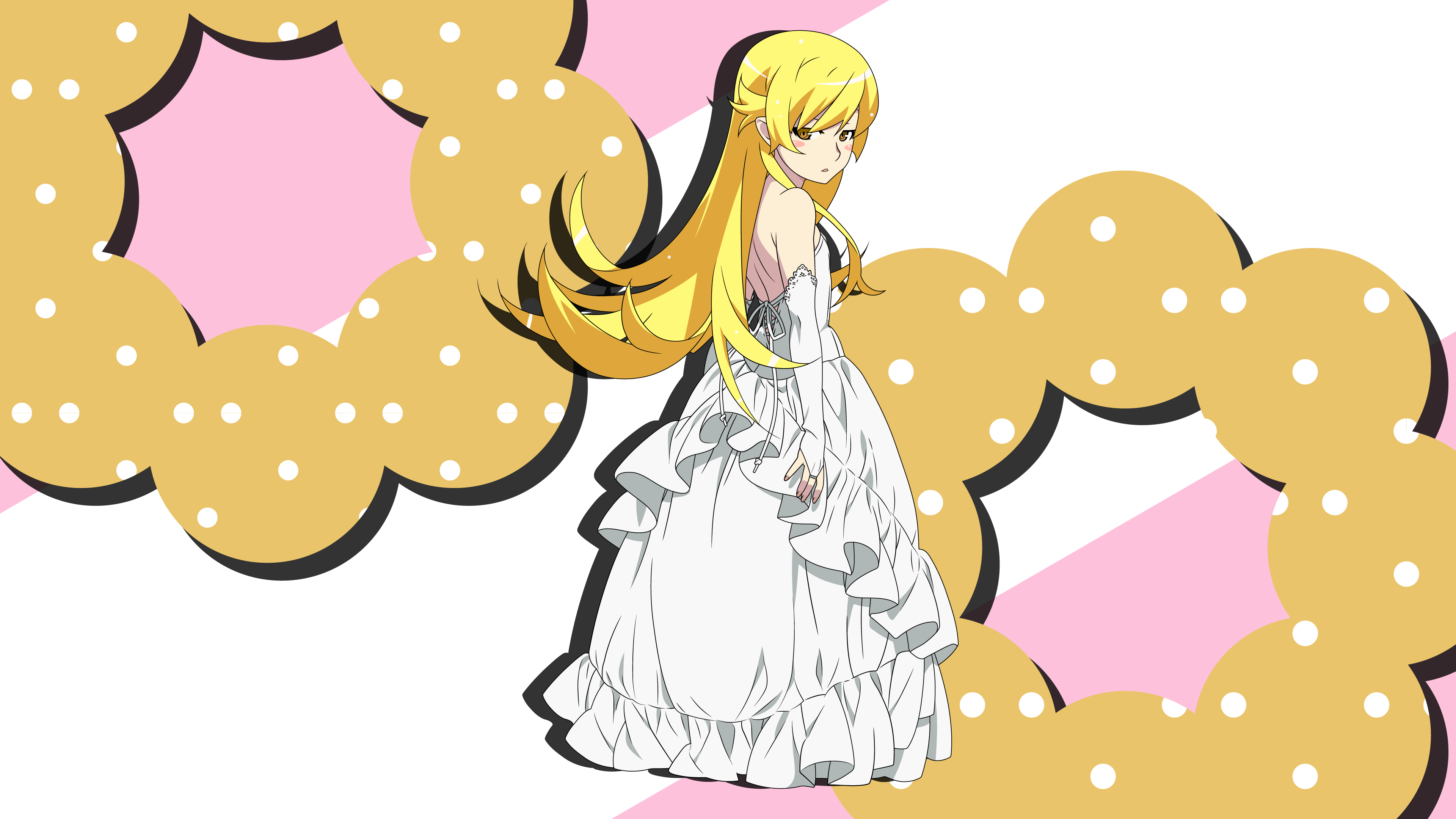 Anime 3840x2160 Oshino Shinobu Monogatari Series wedding dress looking at viewer donut pink background blonde simple background anime girls vector Vector trace 4K white clothing gloves